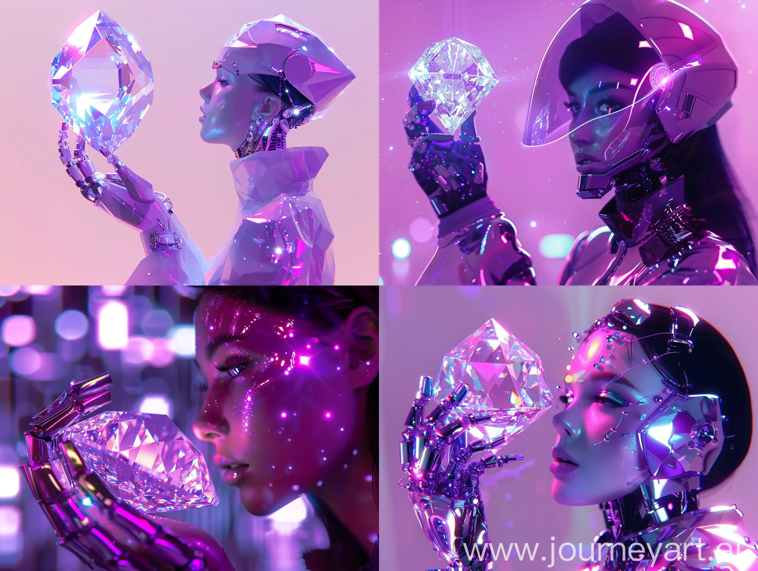 a cyborg woman holding a diamond, refracted sparkles, crystal refraction of light, warps, profile picture, wallpaper, swarovski, synthwave, purple theme, Dream wave, pastel, futuristic, lushwave,
