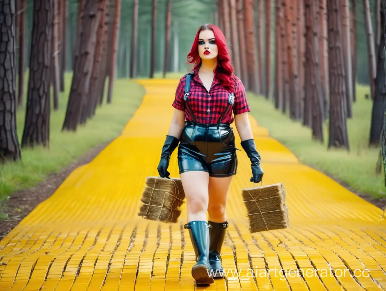 LatexClad-Lumberjack-Girl-Strolling-on-Yellow-Brick-Road