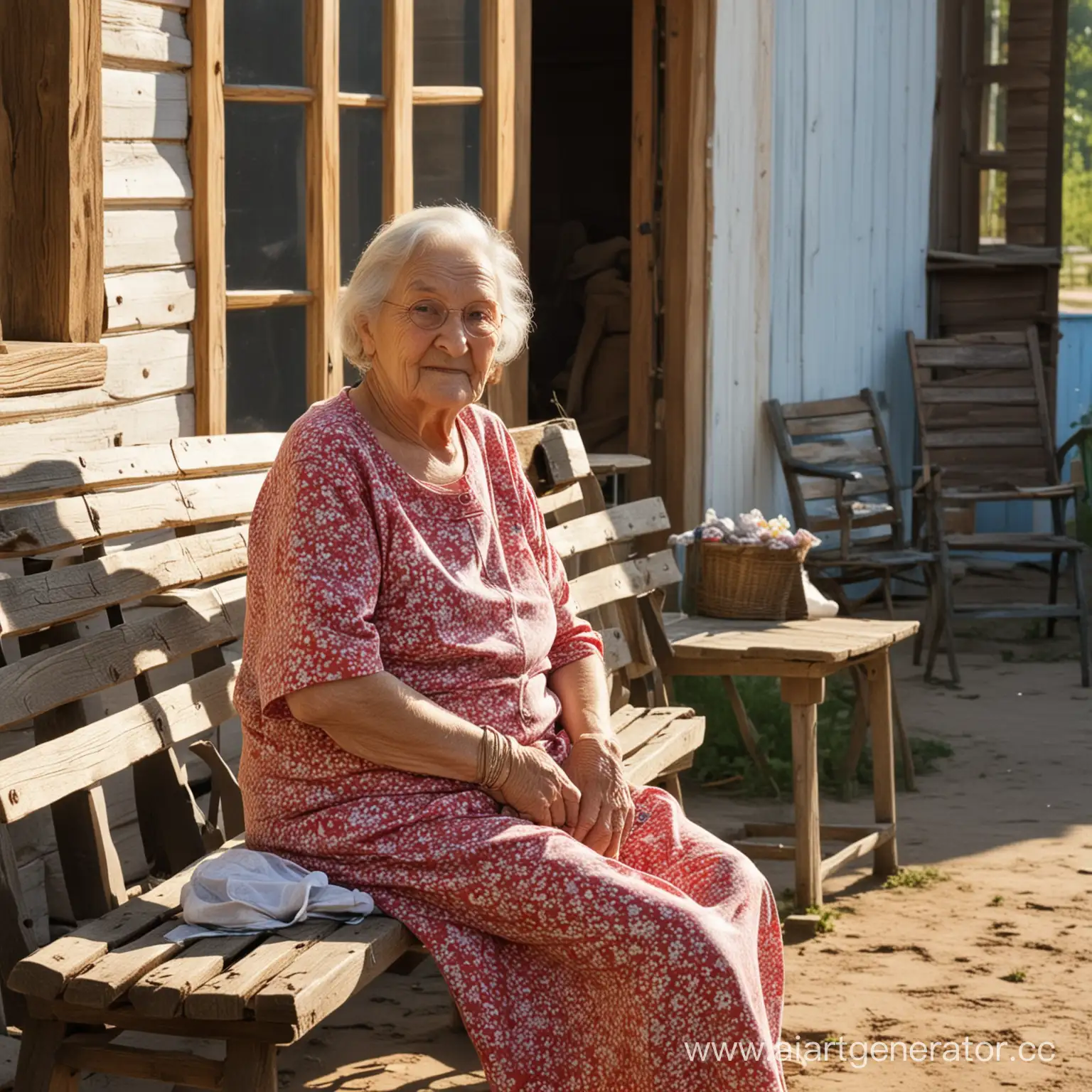 Elderly-Woman-Enjoying-Sunshine-on-Village-Bench