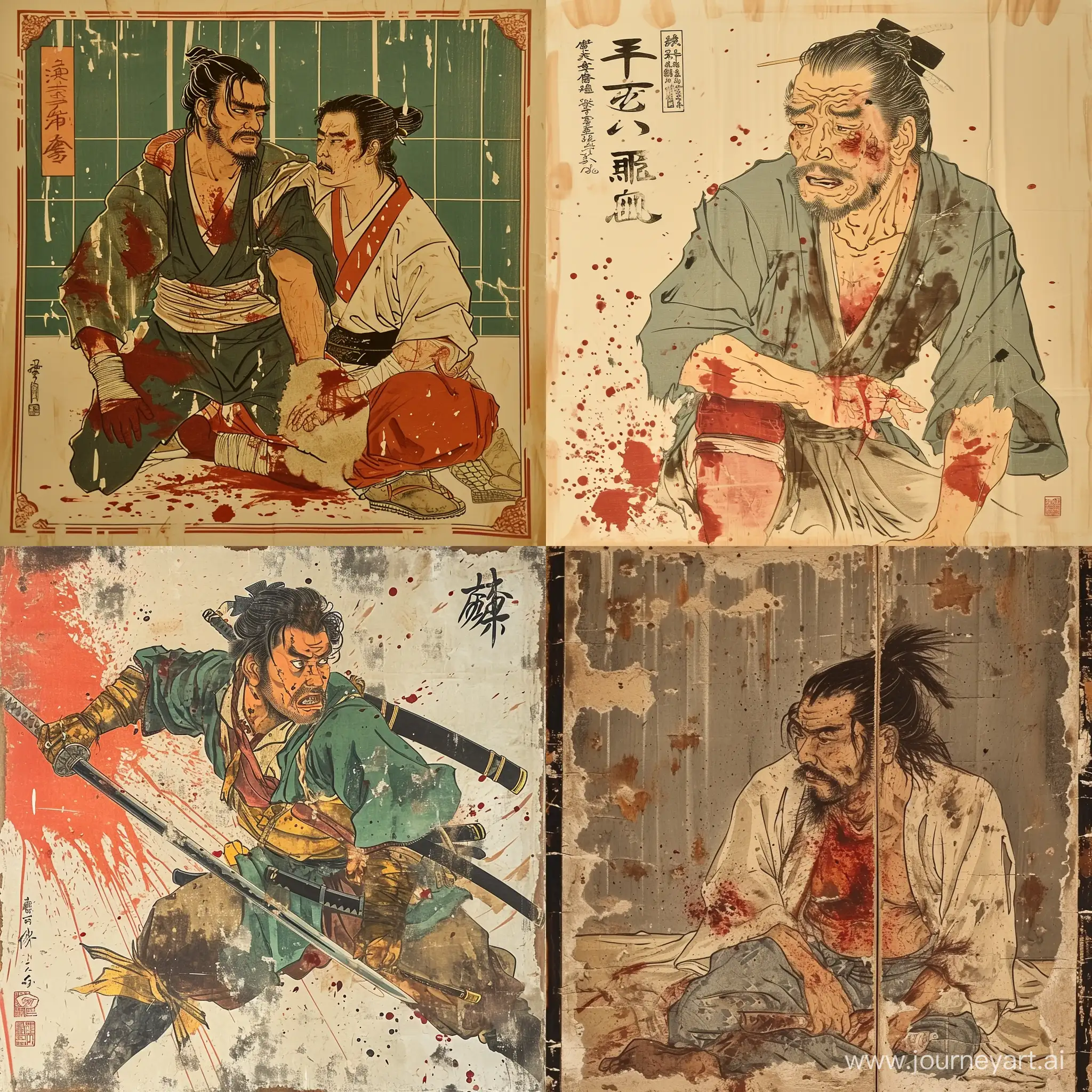 Wounded Hitokiri,Battle damaged,Japanese poster,in feudal japan,Ukiyo-e style