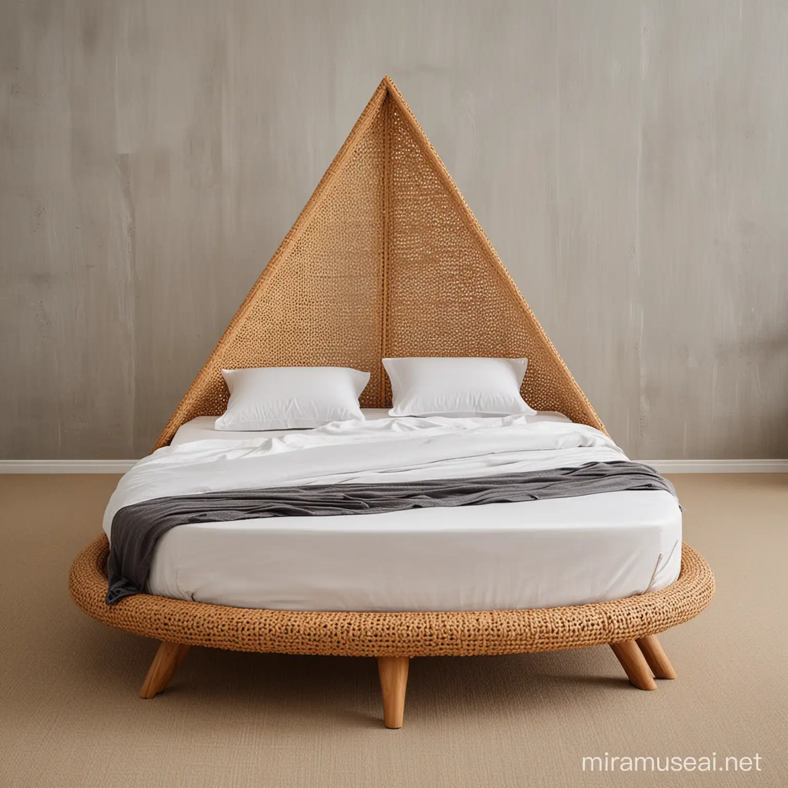 Modern Single Bed with Rattan and Wood Material in Unique Triangle Shape