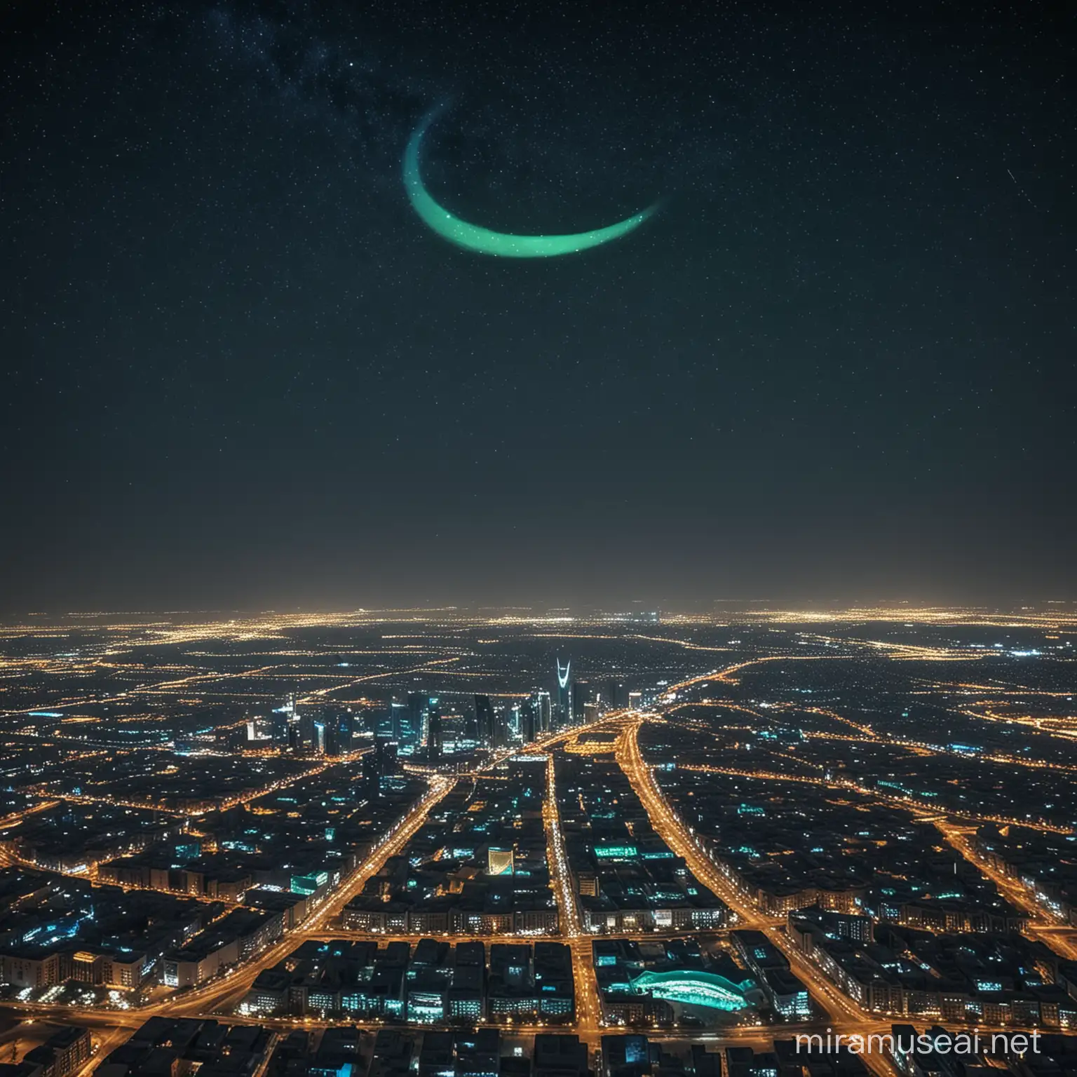 Fly over in view of the city of Riyadh with blue and green colour theme and a Crescent with the stars in the sky night