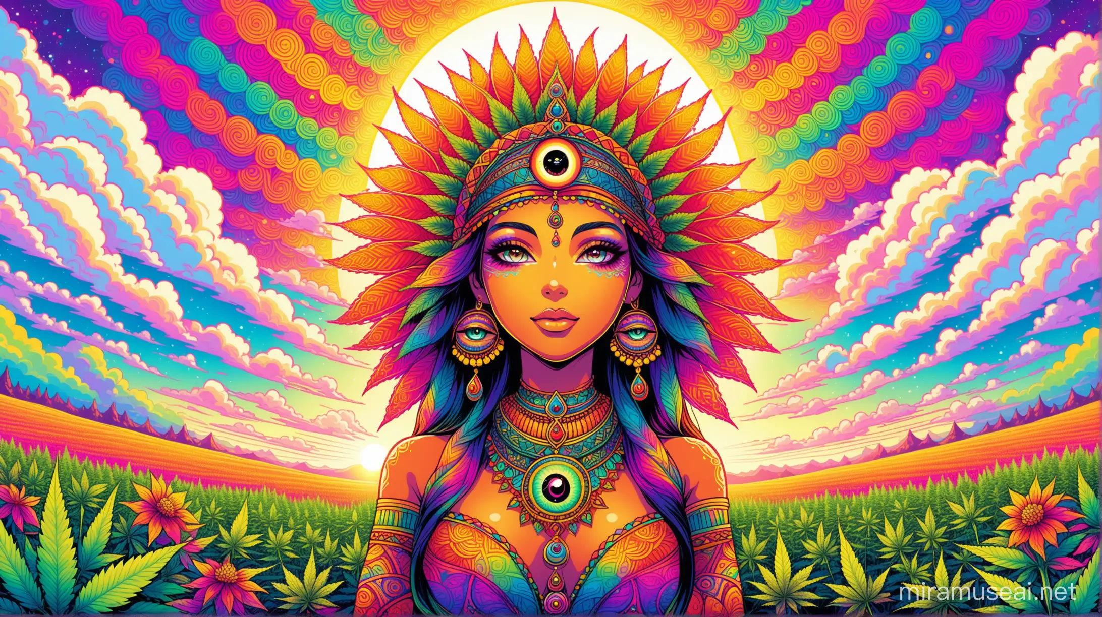Psychedelic colors and patterns, a field of cannabis, flowers, bright sun, clouds, bright, vibrant colors with an exotic woman with the all seeing third eye up front