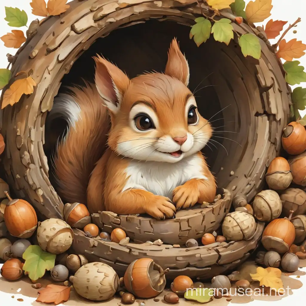 very cute little squirrel sleeping curled in a hollow on pile of acorns, full body, chibi eyes, watercolor