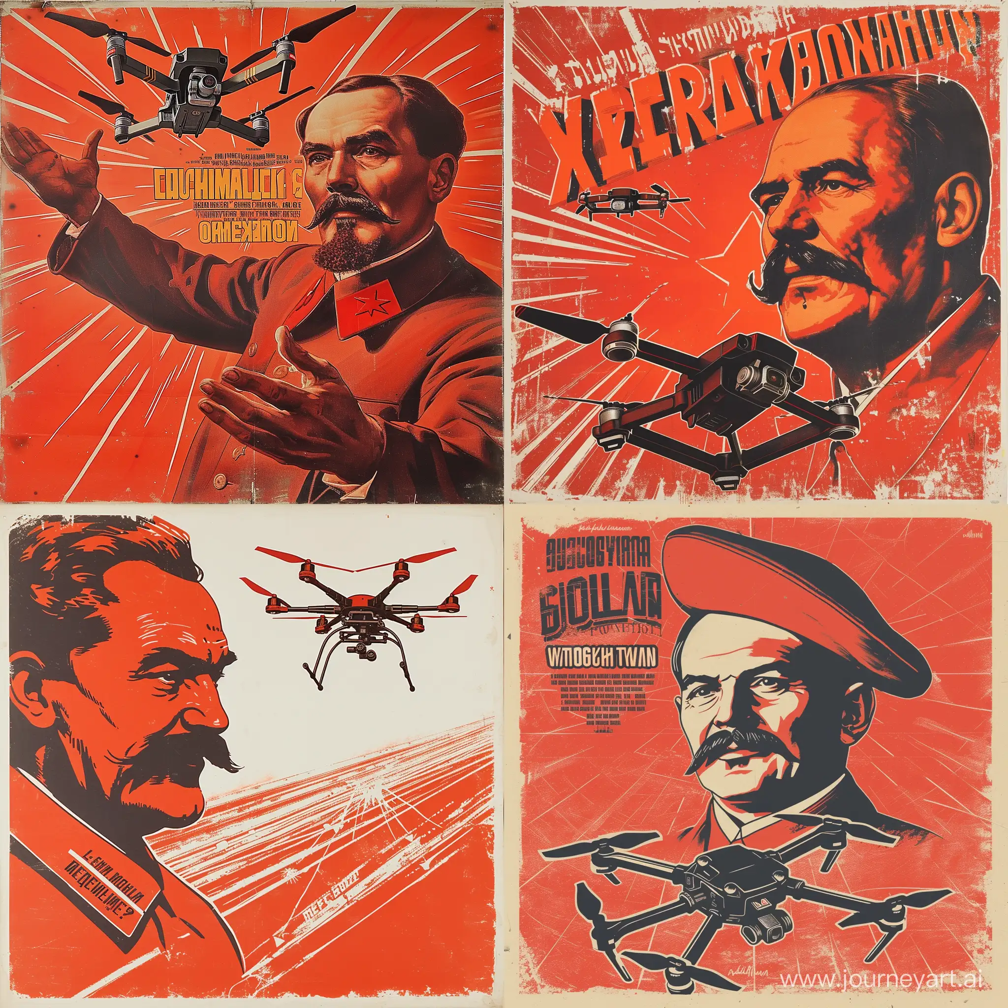 A communist poster with Lenin in red colors with a quadcopter in the corner and a slogan in the center