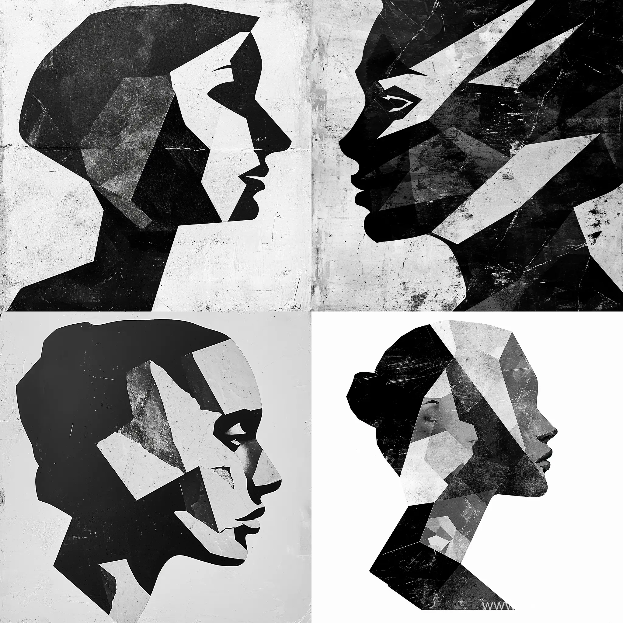 A silhouette of a cubist face, a symphony of muted shades. Abstract shapes inspired by the serenity of Mark Rothko's work, a minimalist noir composition that highlights the charm of a portrait of a horsewoman with this minimalist black and white illustration: EIN FELSEN DER VON NATUR AUS KRISTALLE BIRGT, graffiti v0.2