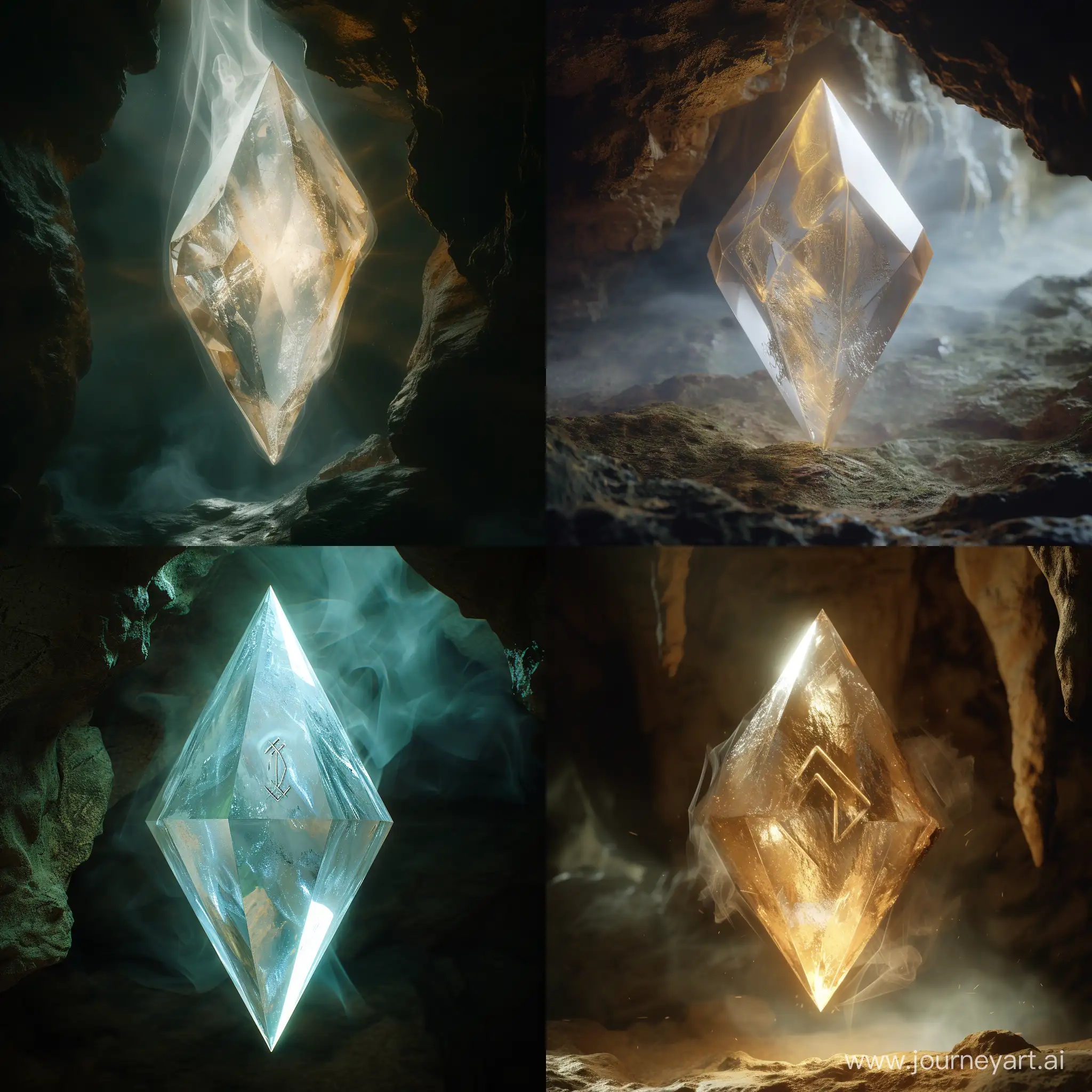 translucent light diamond-shaped crystal
inside with a light haze in the shape of an
undefined sign called essence, cave, lotr,
realistic, fantasy, 4k, hd