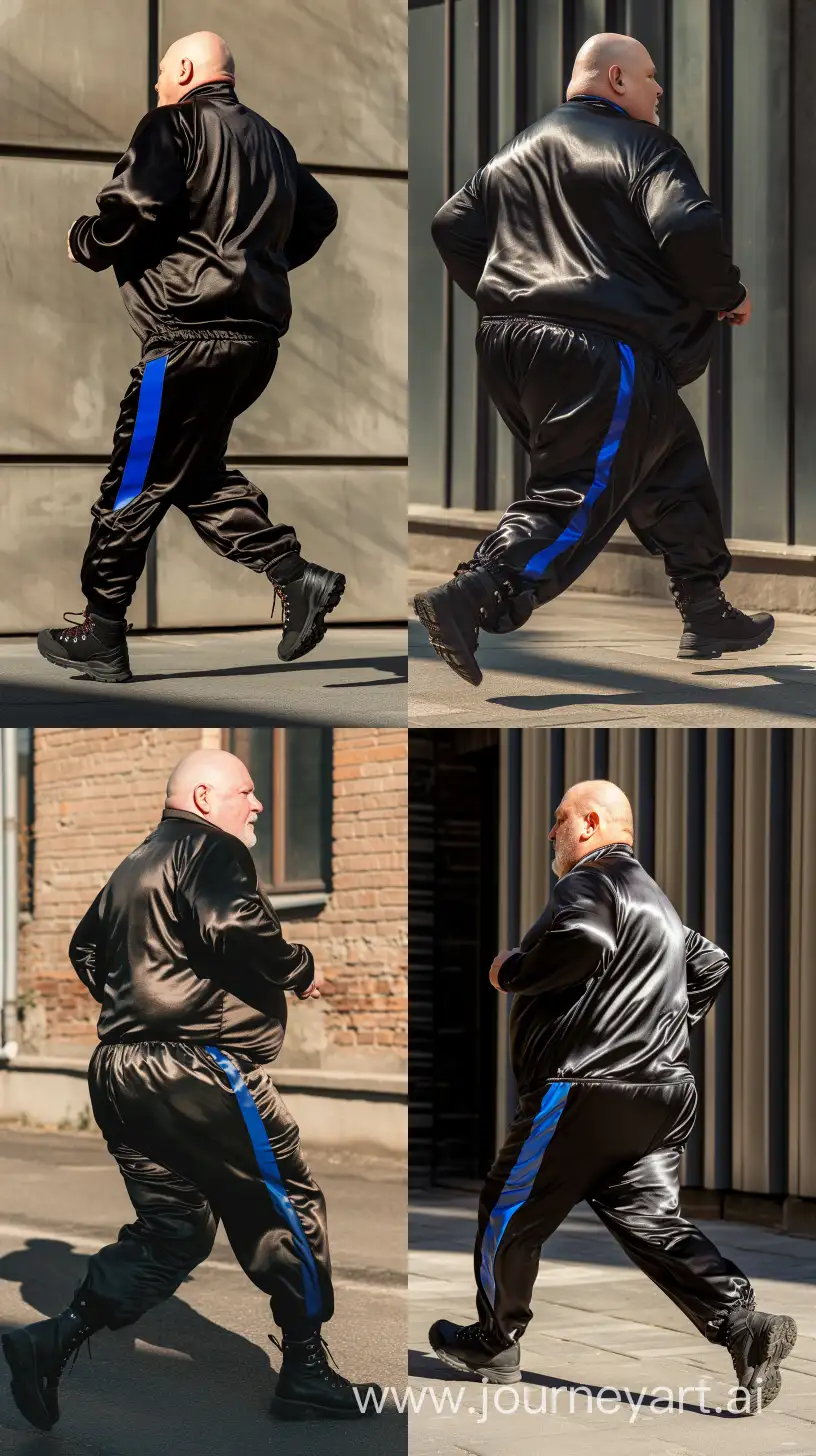 Lateral view fashion photo of a chubby man aged 70 wearing a silky black tracksuit. Royal blue vertical stripe on the side of the pants. Black Hiking Boots. He is running. Direct Sunlight on his behind. Bald. Clean Shaven. Outside. --style raw --ar 9:16 --v 6