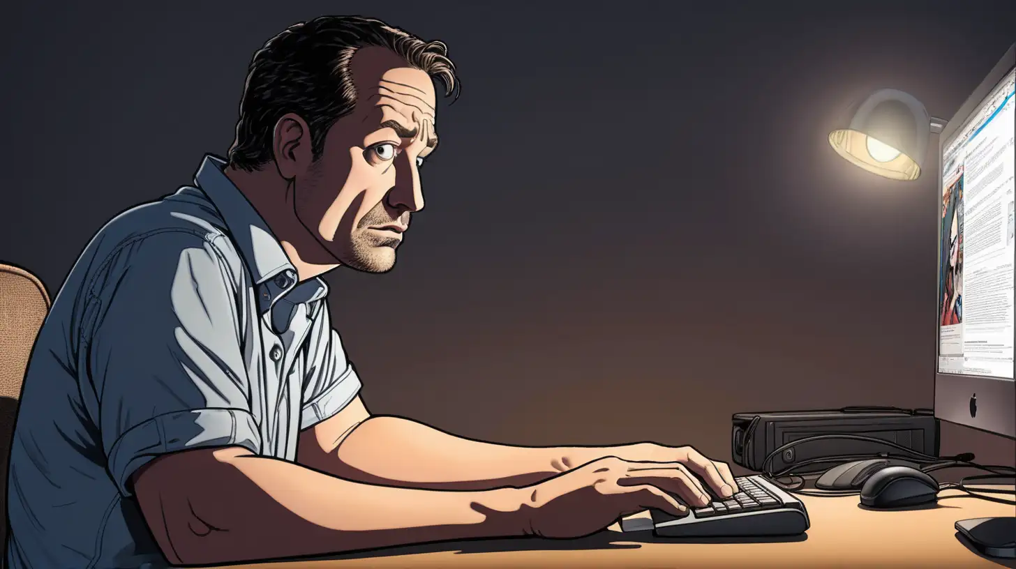 american comic, cinematic lighting, 1man, 40-years-old, sad, finding job on computer, watching computer