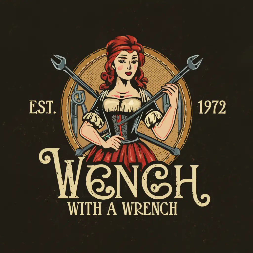 a logo design,with the text "Wench with a Wrench", main symbol:Rennaciance themed wench holding a giant wrench. Or working on a car. With the words Wench with a Wrench,Moderate,be used in Automotive industry,clear background