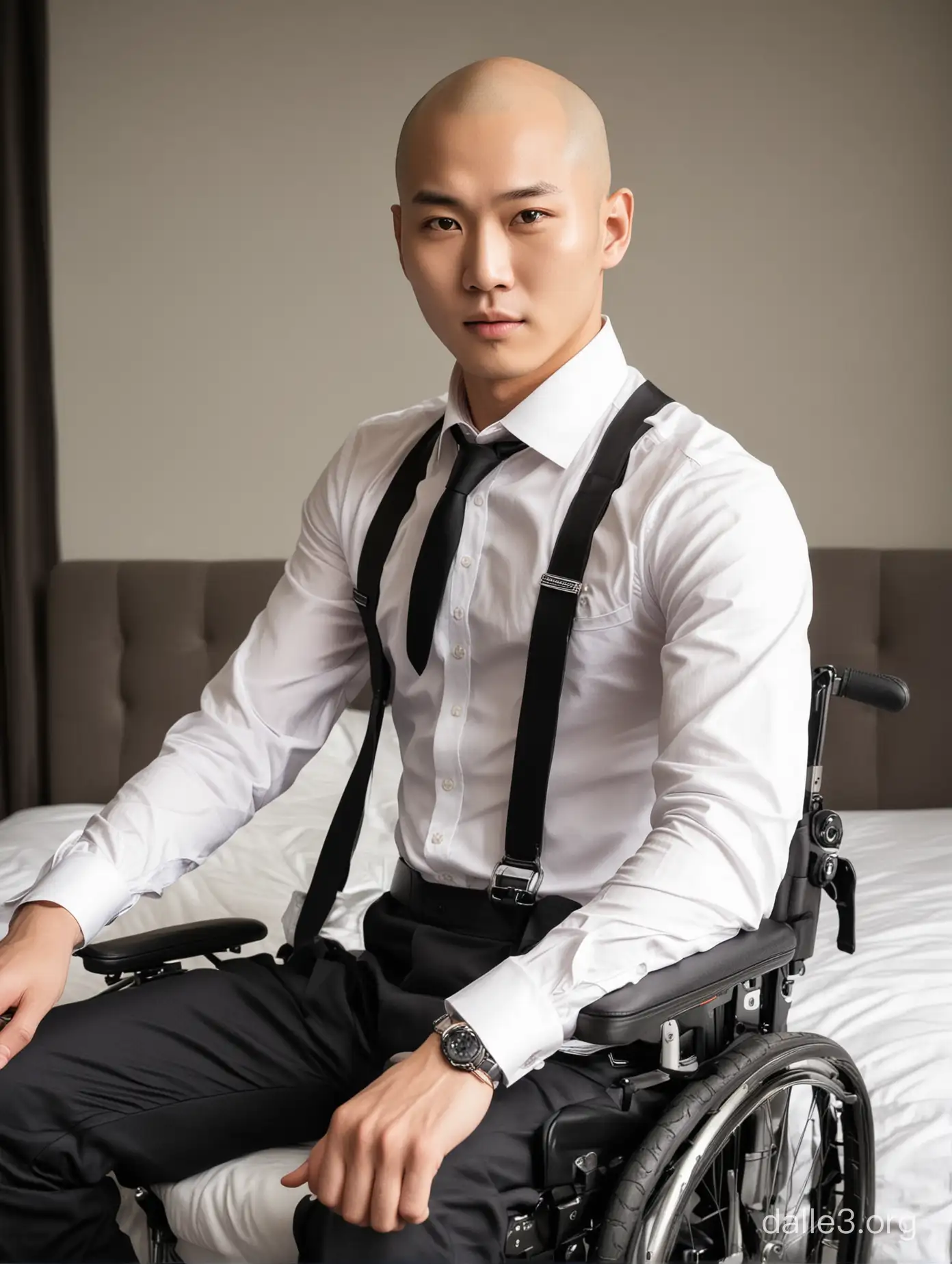 Quadriplegic bald korean male young idol in power wheelchair, muscular arms, strong arms, emphasis on hands, high back, headrest, armrests, shirt, trousers, tie, suspenders, seductive look, hot, bed in the background