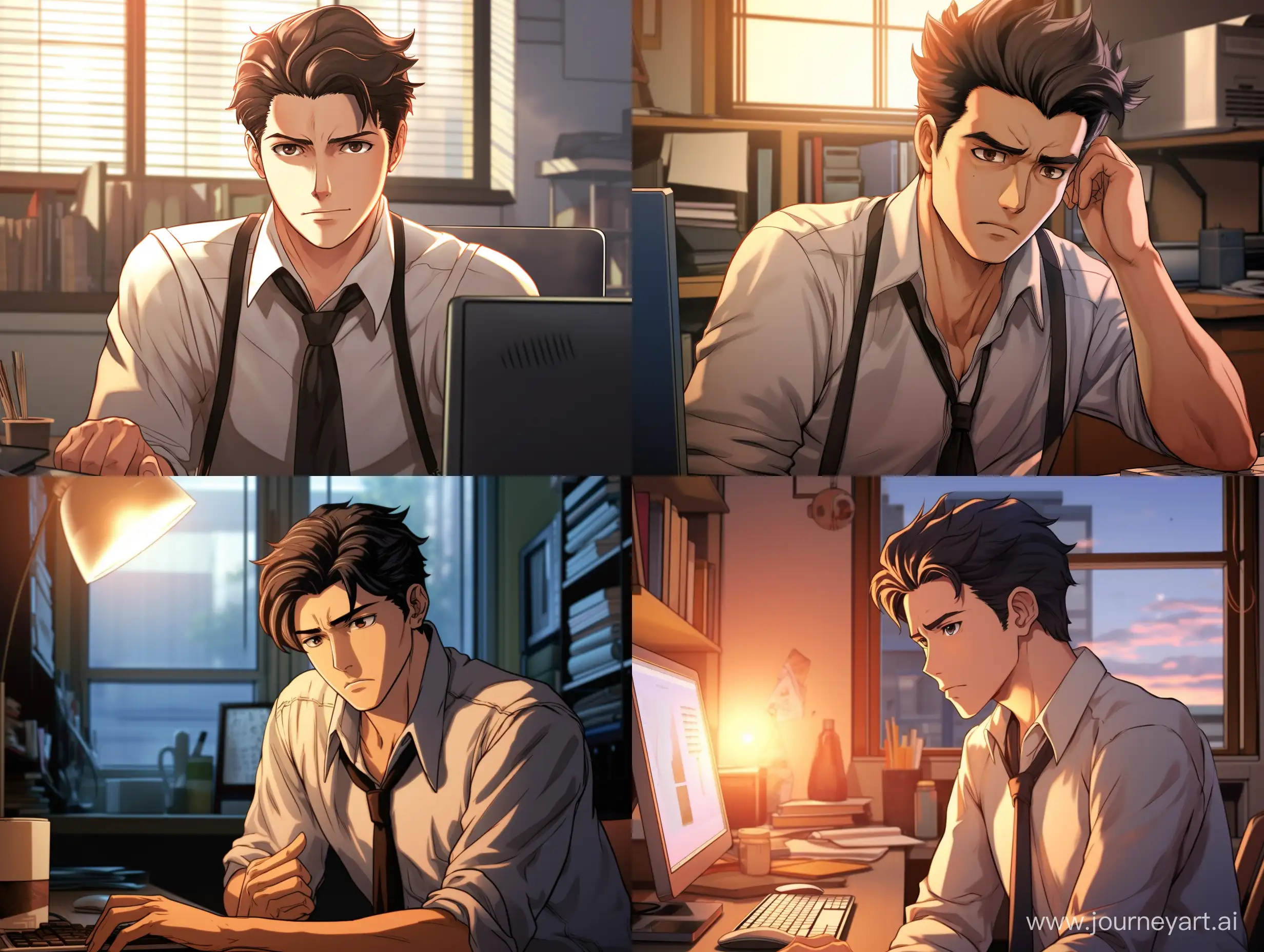 Hazme un comic emotivo donde sale un hombre en una oficina agobiado porque tiene que trabajar mucho que sea un hombre guapo y estilo anime 