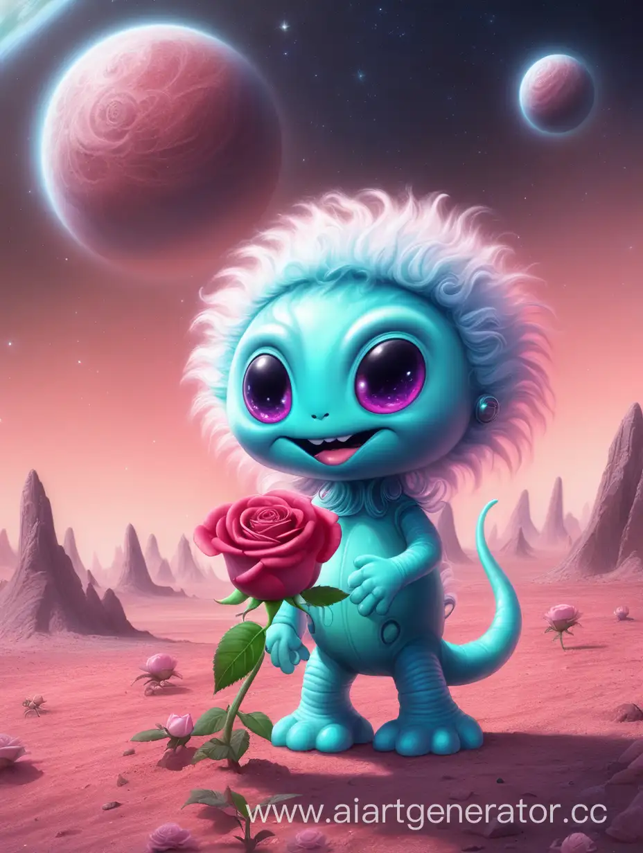 Joyful-Fluffy-Alien-Celebrates-Blooming-Rose-on-His-Planet