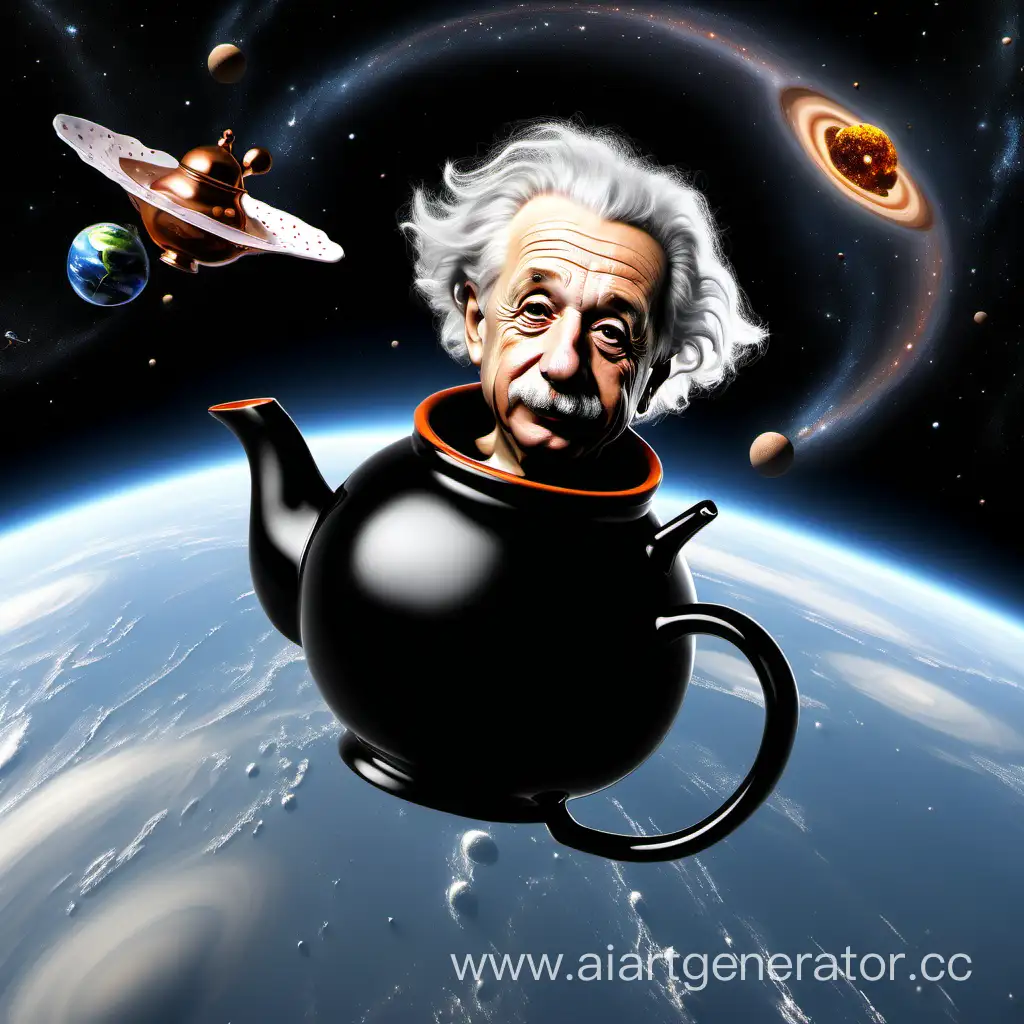 Einstein-Soars-on-a-Space-Teapot-Amidst-Planets-and-Black-Holes