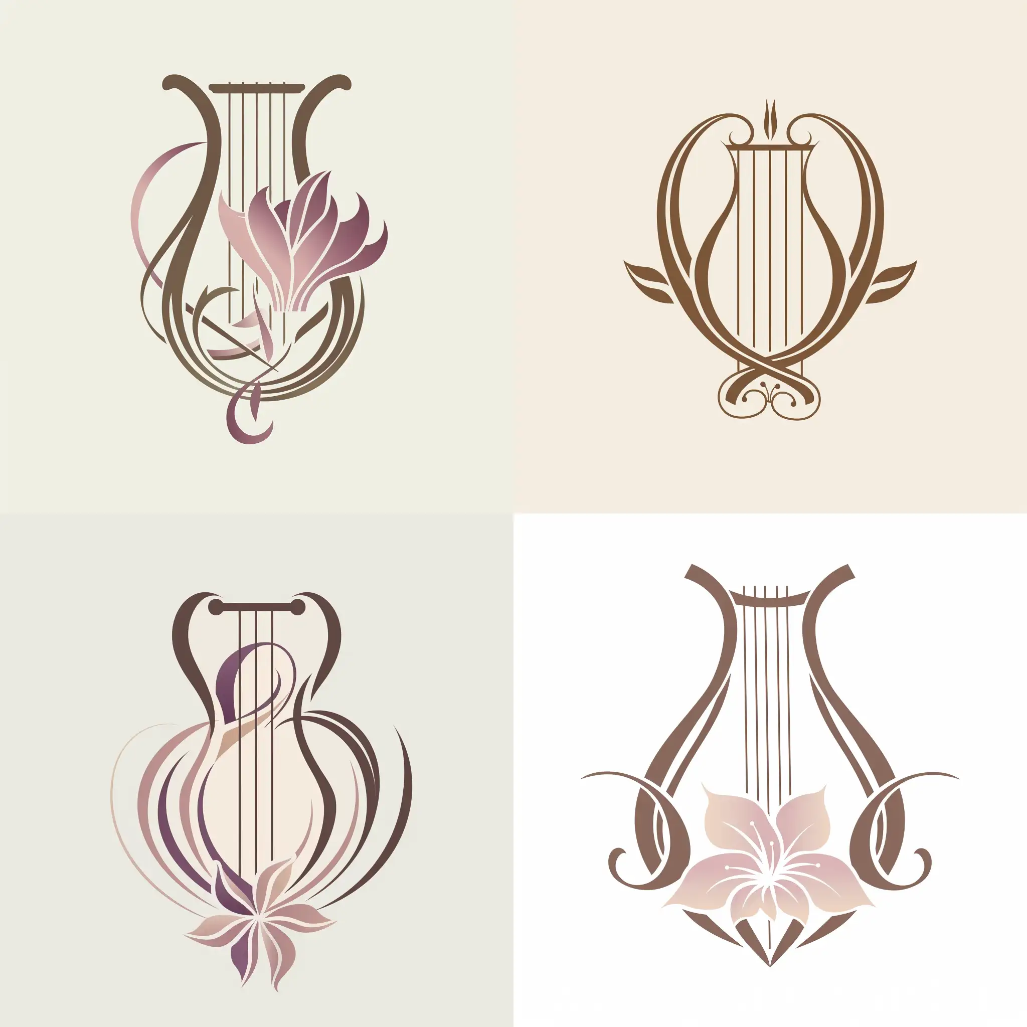 The logo features a lyre, a symbol often associated with classical music and poetry, crafted with sleek and elegant lines that convey a sense of sophistication and refinement. The lyre's graceful curves and strings are depicted with precision, suggesting both artistry and craftsmanship.

Intertwined with the lyre is a stylized flower, symbolizing beauty, creativity, and growth. The petals of the flower bloom delicately around the lyre's frame, adding a touch of natural elegance to the design. The flower can be rendered in a contrasting color to the lyre, perhaps in shades of soft pink, lilac, or ivory, creating a visually striking contrast.

To enhance the sense of professionalism and quality, the logo can be set against a clean, neutral background, such as white or light gray. The typography used for any accompanying text should be refined and timeless, complementing the sophistication of the lyre and flower imagery.

Overall, the logo conveys a sense of artistic excellence and creative expression, making it ideal for businesses or organizations involved in music, poetry, or the arts.