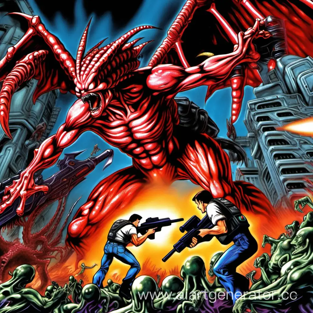 
Contra: The Alien Wars.
Билл и Лэнс сражаются и стреляют в логове чужих по большому летающему крылатому демону чужому с длинным хвостом