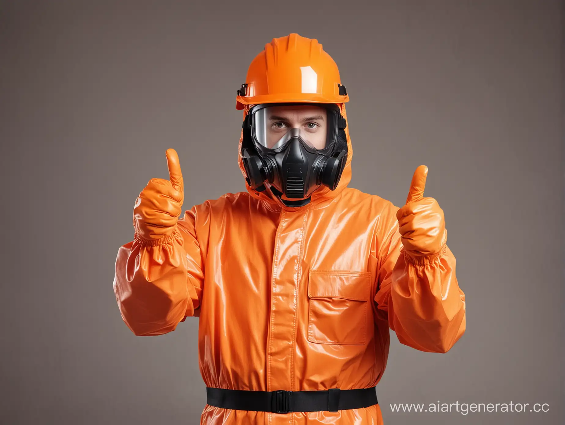 orange hazmat suit worker thumbs up in a helmet with a visor