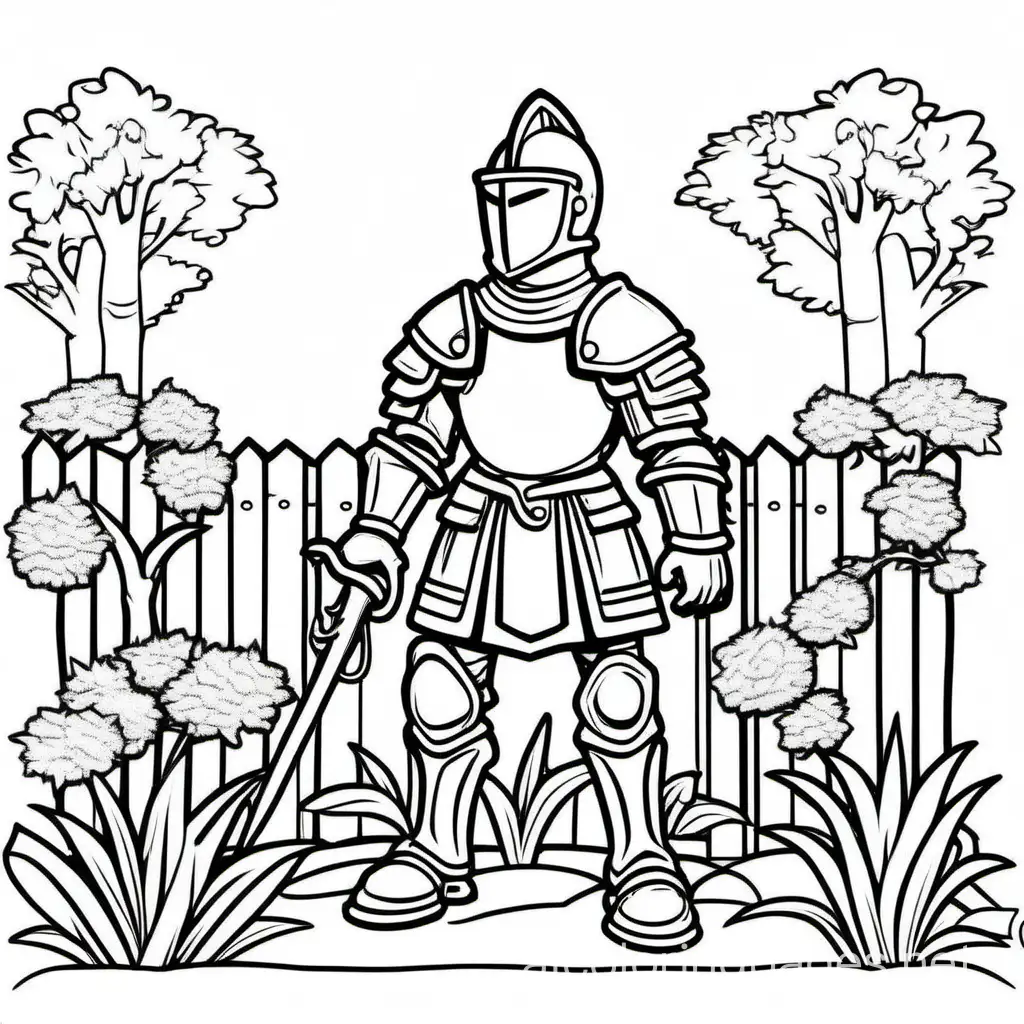 A knight gardening, Coloring Page, black and white, line art, white background, Simplicity, Ample White Space. The background of the coloring page is plain white to make it easy for young children to color within the lines. The outlines of all the subjects are easy to distinguish, making it simple for kids to color without too much difficulty