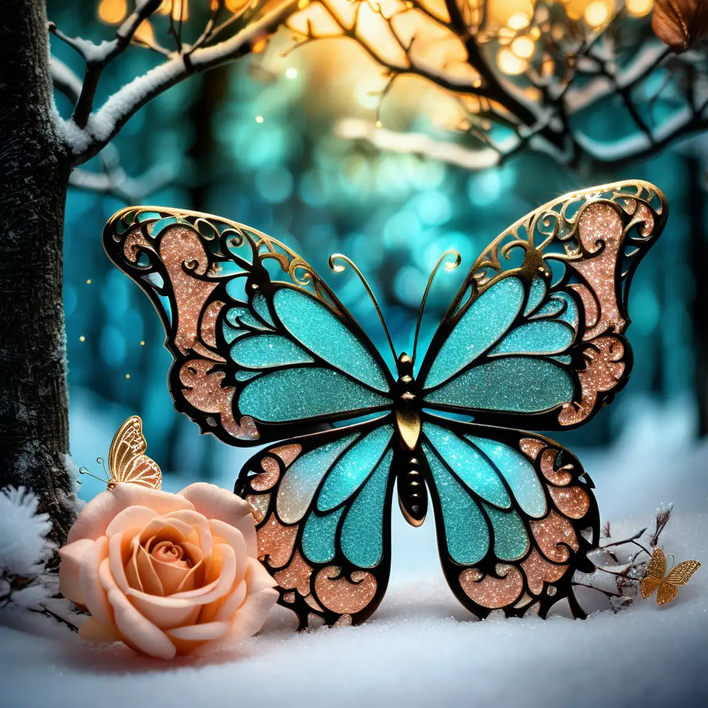 4 Hallow Glittery shimmering sparkling linked hearts, bi-colored deep teal, peach, black and gold rose, wintery forest background, glowing sunlight, filigree, gorgeous butterfly with gold, teal, black and peach colorsplash, high definition, soft lens, photo of the year, opalescent