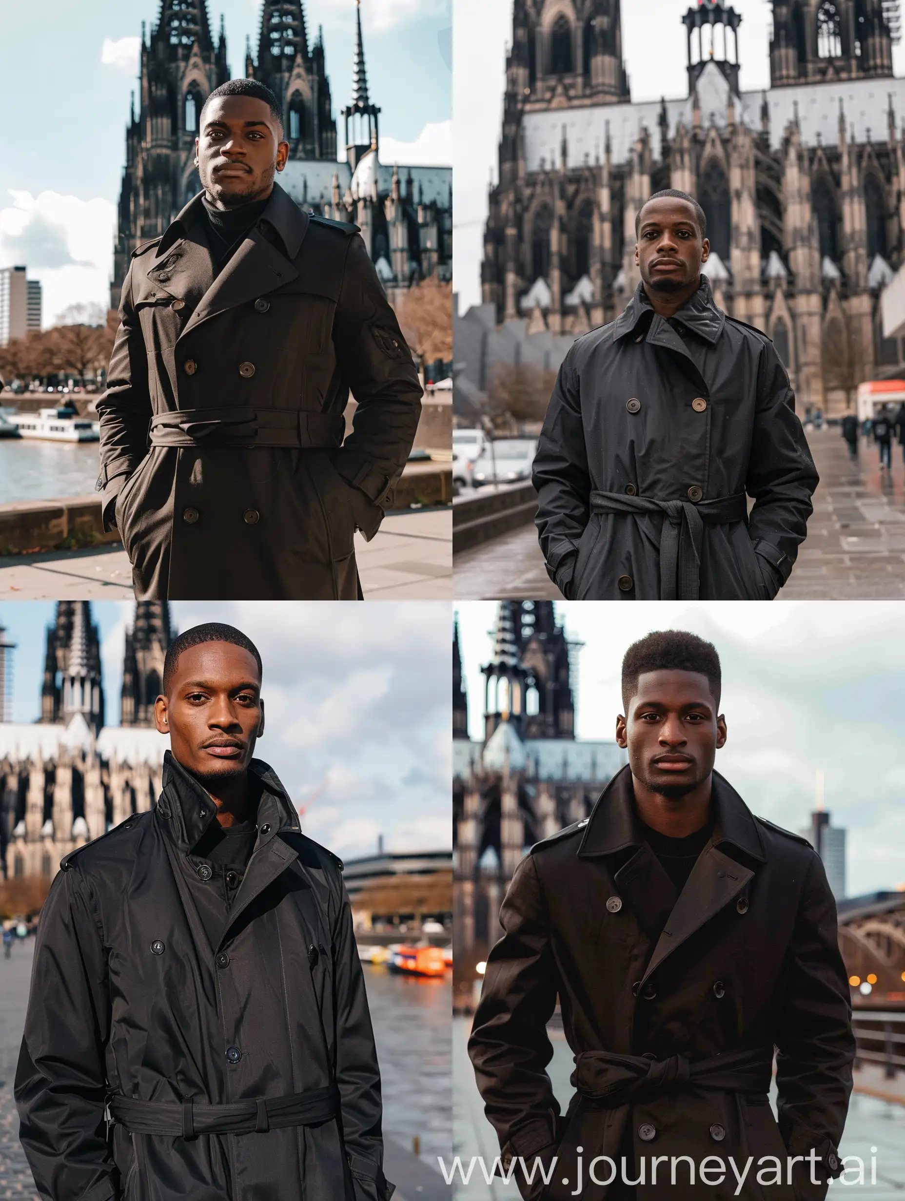 Full body shot, full body is visible, man standing in front of Cologne Cathedral, man in his 20s, dark brown skin, wears black trench coat, looking into the camera, it’s a sunny day, captured with iPhone 13 Pro Max 