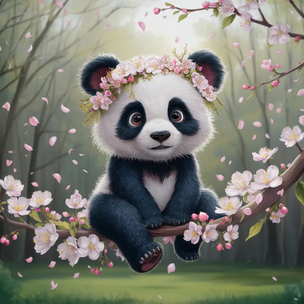 милая маленькая панда в ветке из весенних цветов