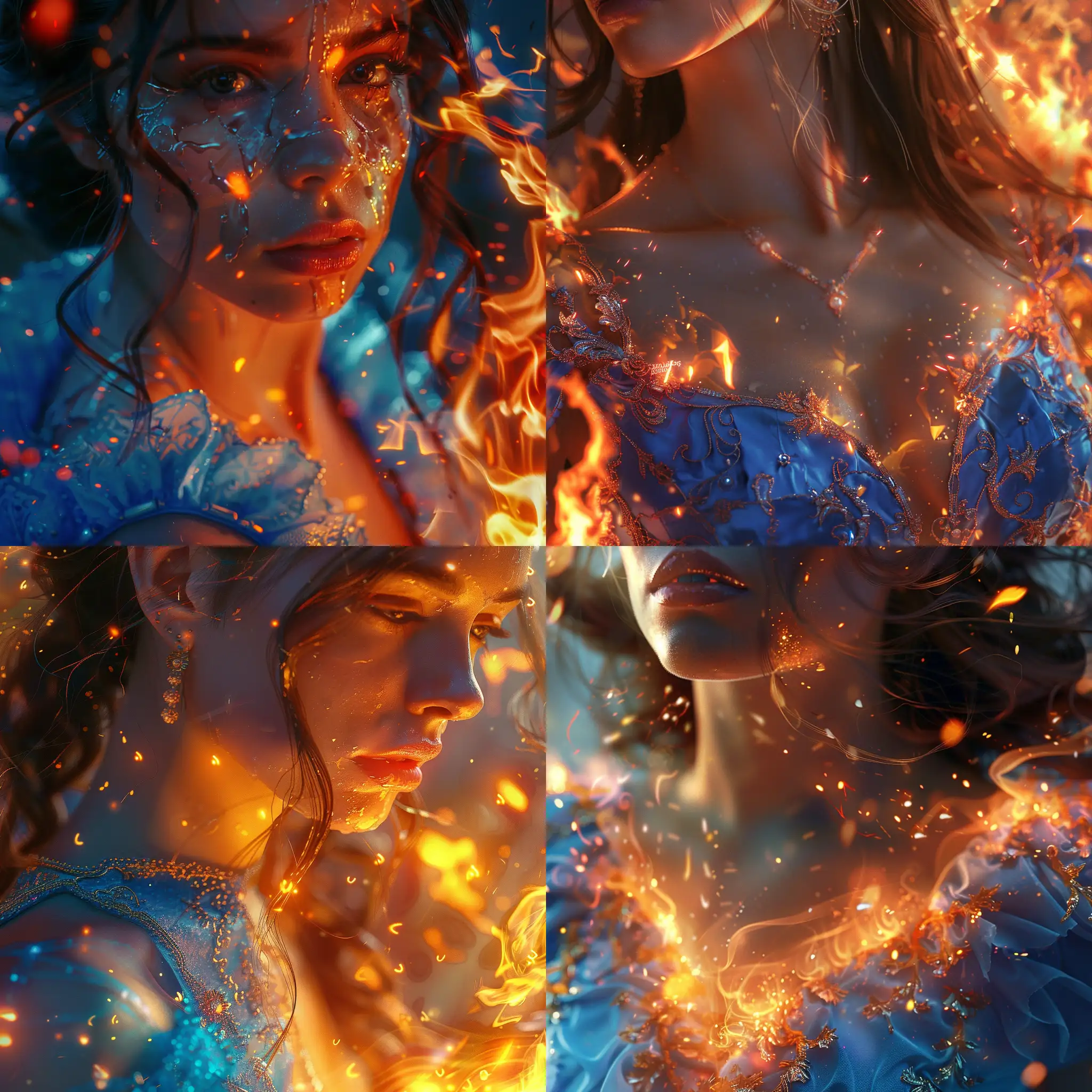 a close up of a woman with a blue dress and a fire, beautiful digital artwork, light effect. modern fantasy, fantasy gorgeous lighting, stunning digital art, photoshop art, fantasy art behance, 8 k realistic digital art, gorgeous digital art, fantasy art style, great digital art with details, 8k high quality detailed art, professional photoshop artwork, amazing digital art