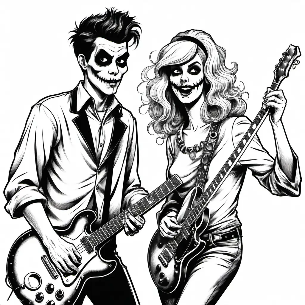 simple black and white picture of young man and woman in a Halloween rock and roll band, for coloring