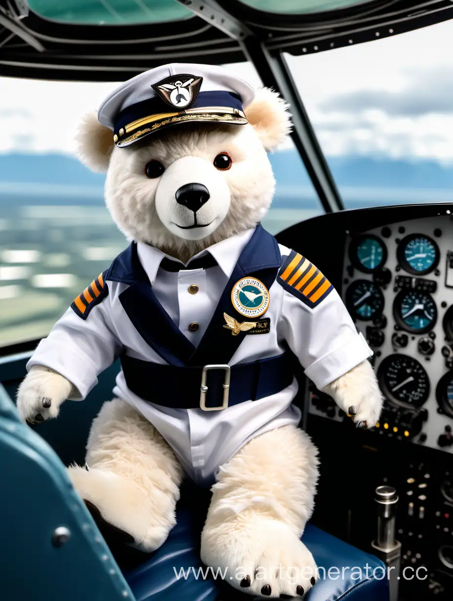 Милый белый медведь в костюме пилота сидит внутри кабины самолёта Cessna 172 за штурвалом.