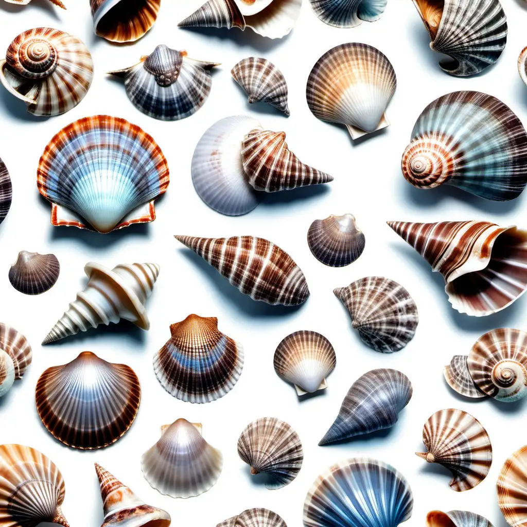 Assorted Blueish Brown Shells Collection on White Background