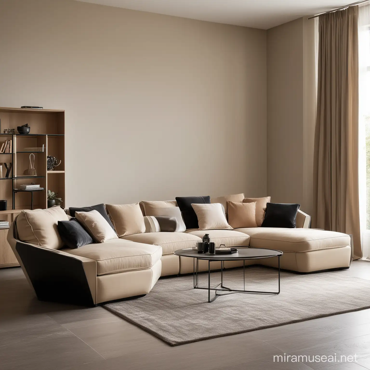 modern design, timeless lines, soft look, italian style,koltuğun kolları en yeni tasarım olsun,geometrik hatlara sahip italian sofa, 4 seat,sectional, round sofa arm, minimalism,Small Space Living & Decorating Ideas, Hacks, and Solutions, famous designs, secret, foot height 12 cm,modular sofa,%2 wooden work,2024,side view,modern futuristic livingroom,Sıradışı modern tarzda Modüler parçalardan oluşan 4 kişilik kanepe sabitlenmiş veya ayrı modül olarak tasarlanmış kanepeye sabit laptop sehpası,aydınlatma lambası,usb girişi ve wireless şarj,kitaplık, bluetooth müzik sistemi olan çok amaçlı kullanılabilinen fonksiyonel ve luxury  tarzda tasarlanmış geometrik hatlara sahip kanepe, açık haki ve antresit ile parlak siyah,kahverengi,iyi döşenmiş villada geometrik hatlarda oturma gurubu siyah ahşap işçiliği ile mükemmel tarzda tasarlanmış oturma gurubu olsun