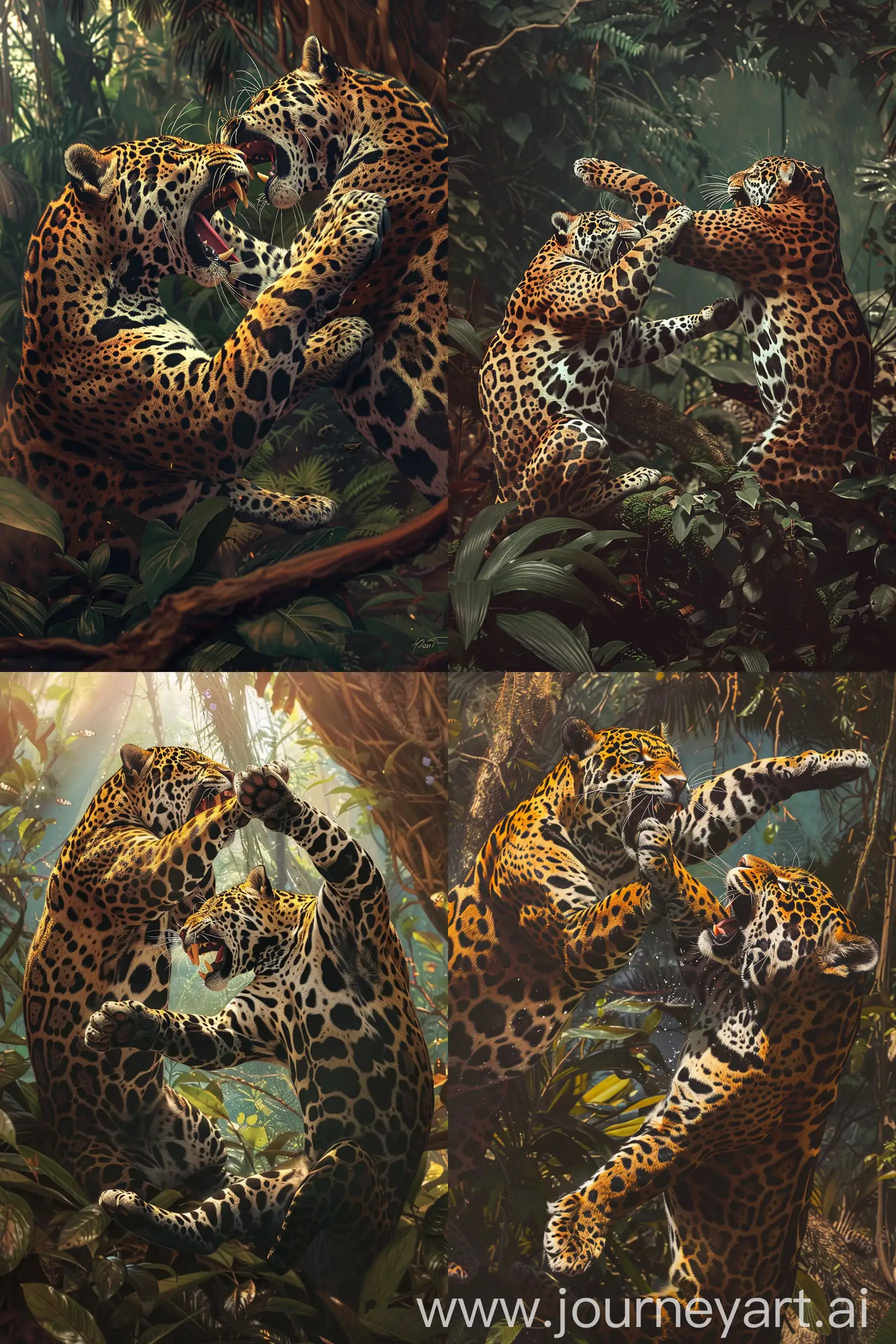 full body, two jaguars battling, jungle scene, photo realism, bright and high contrast, chiaroscuro --ar 2:3 --v 6.0