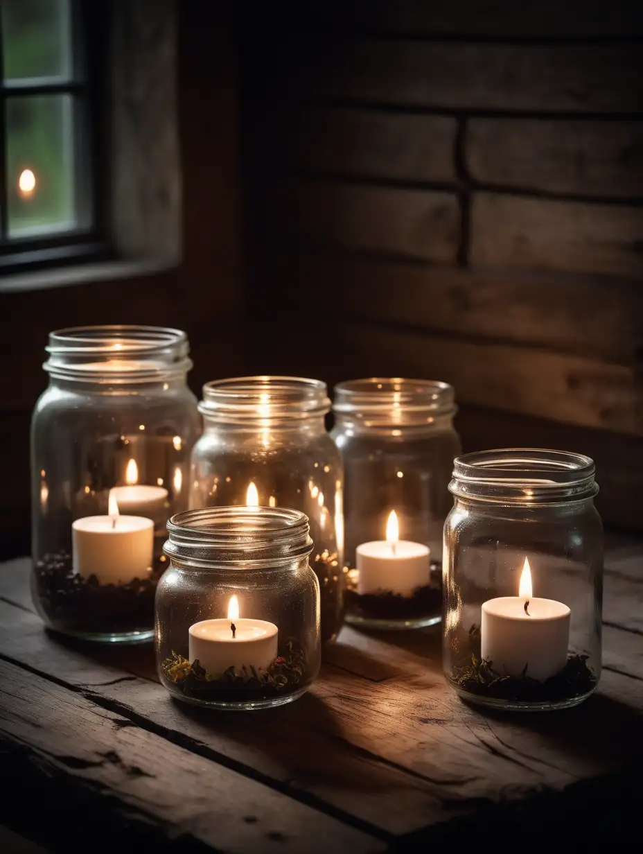 assorted style glass jars with tea light candles in them on rustic wooden table, moody ambient lighting
