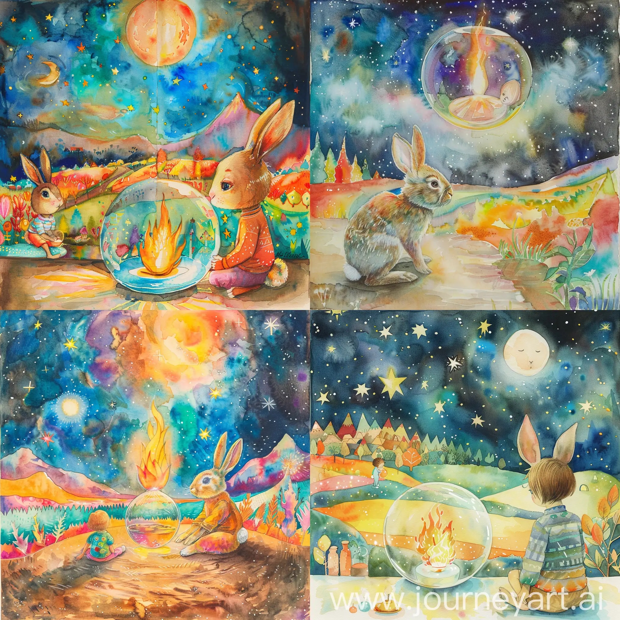 Living room, night, young Rabbit gazing at flame (focus) inside glass orb, watercolor illustration of surrounded by bright stars, colorful landscape and child gazing at glass orb on reverse.