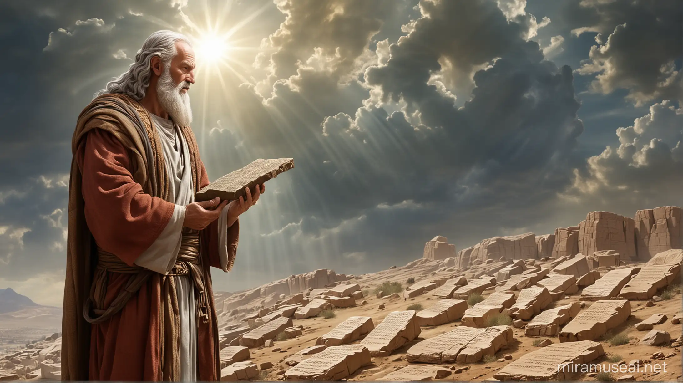 Moses on the mount receiving 2 large stone tablets with the 10 commandments inscribed from God.