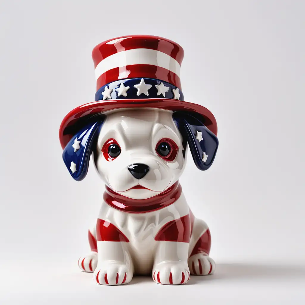 独立日  陶瓷小狗  带帽子 红白线条 白色背景