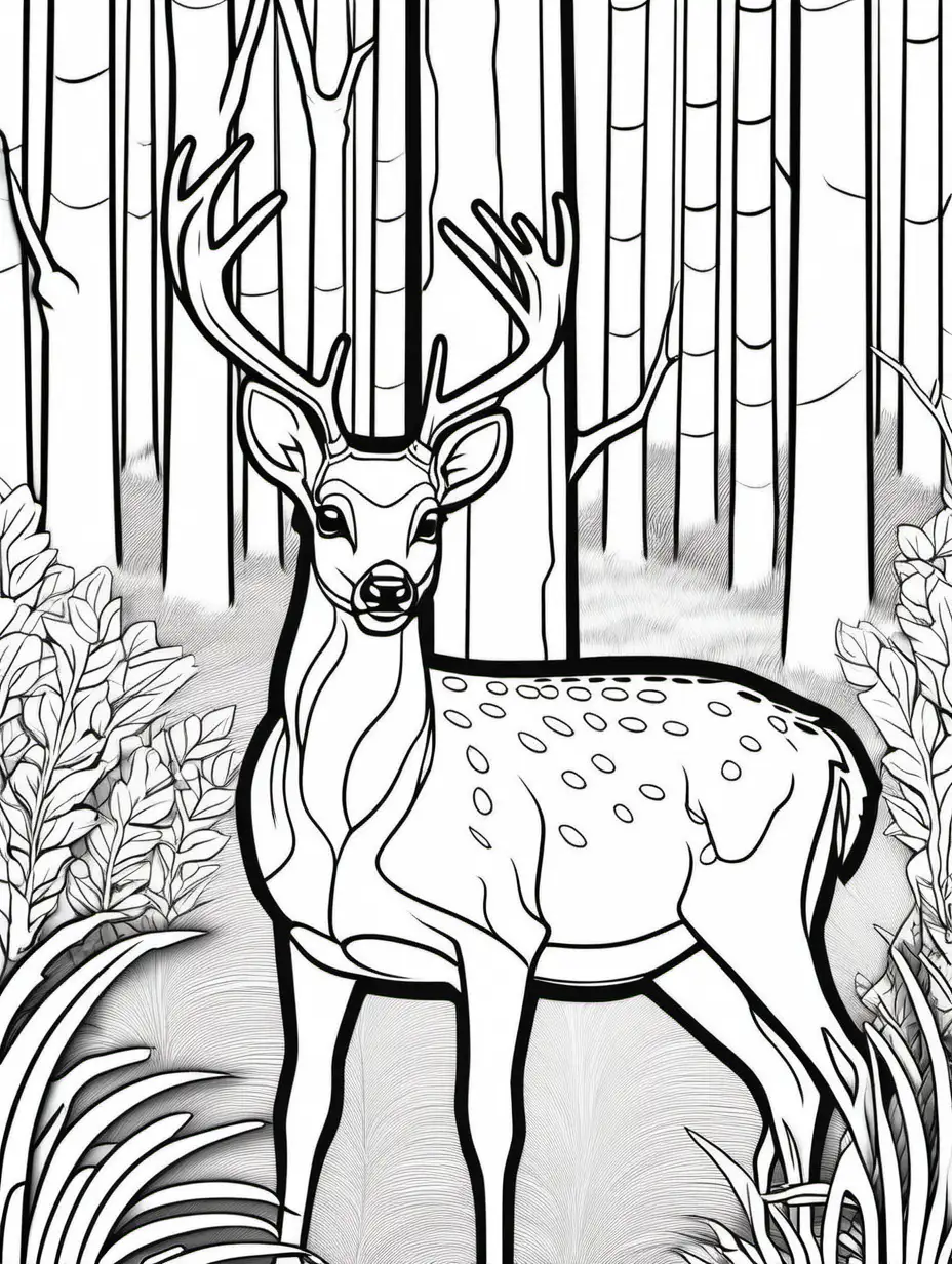 coloring pages for kids, White-tailed Deer
 in the forest, low detail, thick lines, cartoon style, no shading, aspect ratio 9:11