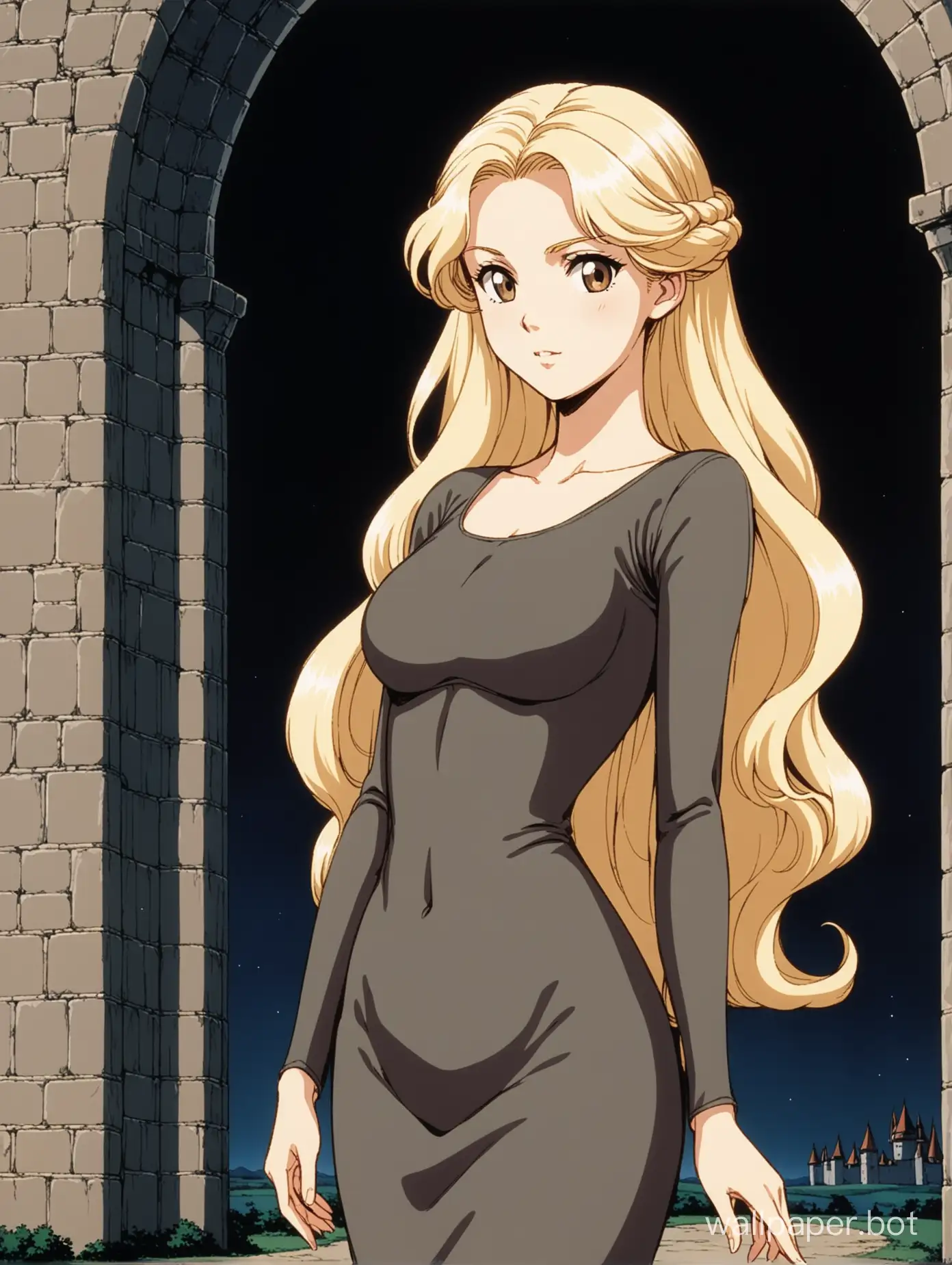 a young and attractive white woman, she has long wavy white-blonde hair, standing regally, elegant and slender, wearing a dark grey and brown skintight dress, medieval elegance, 1980s retro anime. in the style of hidetaka miyazaki