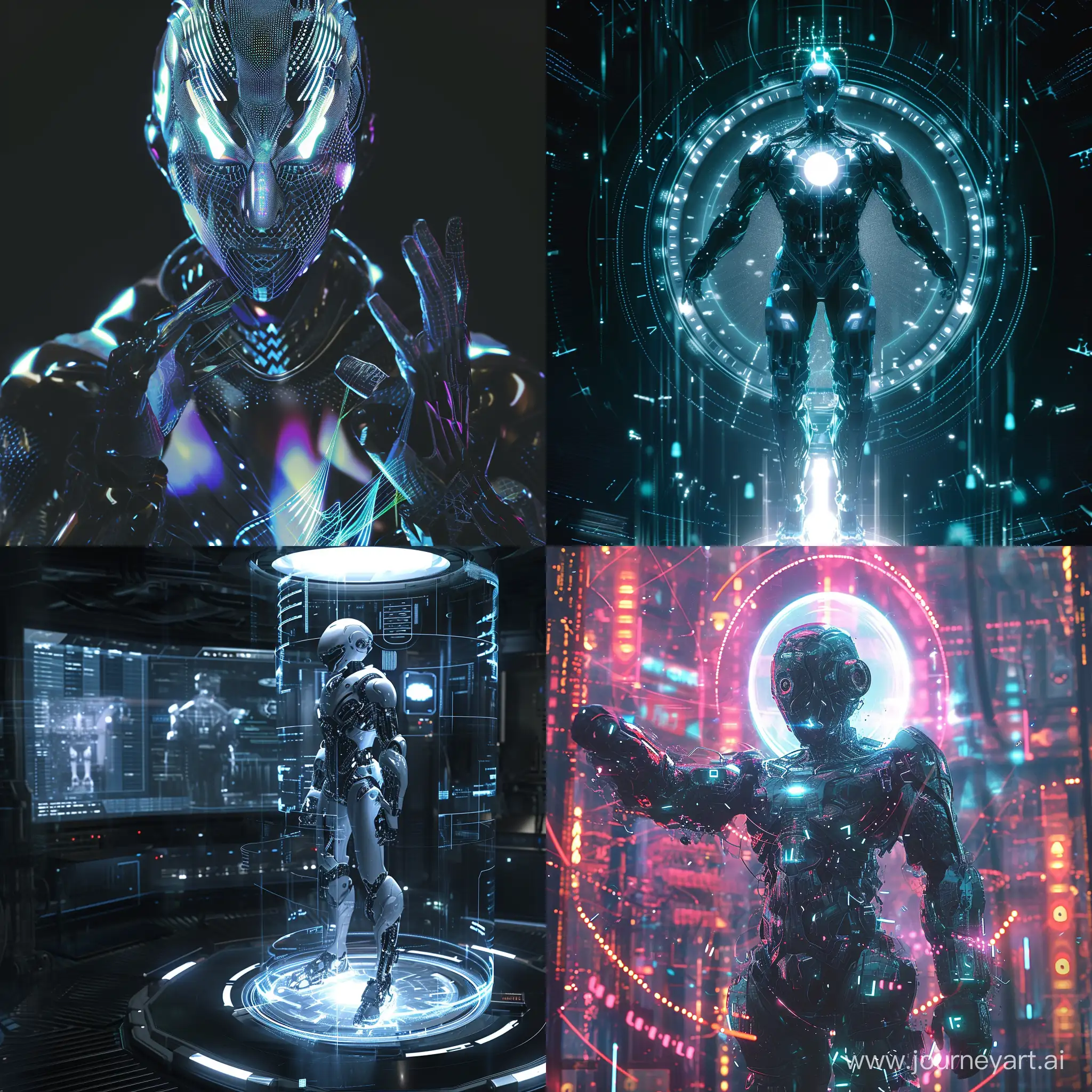 Subject: The main subject of the image is a Hologram::1.5 representation of a cybernetic white knight, emphasizing a futuristic and technologically advanced theme. The hologram is the focal point, creating a visually striking centerpiece. Setting: The setting is a sci-fi environment, characterized by sleek and minimalist design elements. The use of advanced technology is evident, with holographic projections contributing to the futuristic atmosphere. The color palette likely includes cool tones to enhance the high- tech ambiance. Background: The background is carefully chosen to complement the sci-fi theme, featuring intricate digital patterns or abstract shapes. These elements contribute to the overall sense of immersion and convey a sense of the digital realm. Style: The style of the image is characterized by a blend of cyberpunk aesthetics and futuristic elements. The cybernetic white knight is likely to have sleek, angular designs, giving it a cutting- edge and modern appearance. Coloring: The color scheme leans towards a palette dominated by blues, purples, and silvers to convey a sense of technological sophistication. Neon accents may be used to add vibrancy and highlight key elements. Action: The holographic white knight may be depicted in a dynamic pose, suggesting readiness for action. This adds an element of excitement and energy to the image, engaging viewers and creating a sense of movement. Стоит в полный рост. --v 6