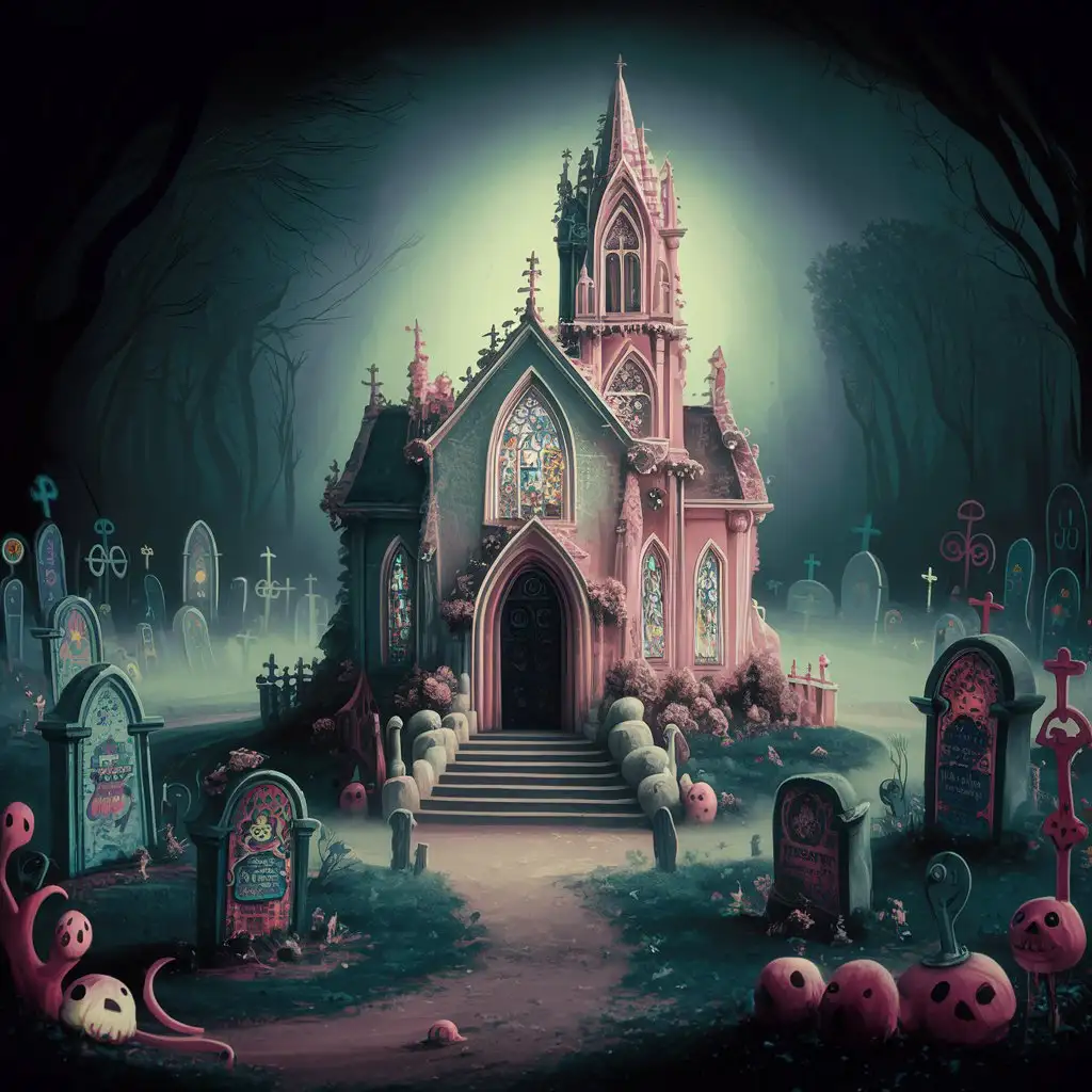 A gothic pastel church in the middle of a cute haunted graveyard with tombstones and mist illustration