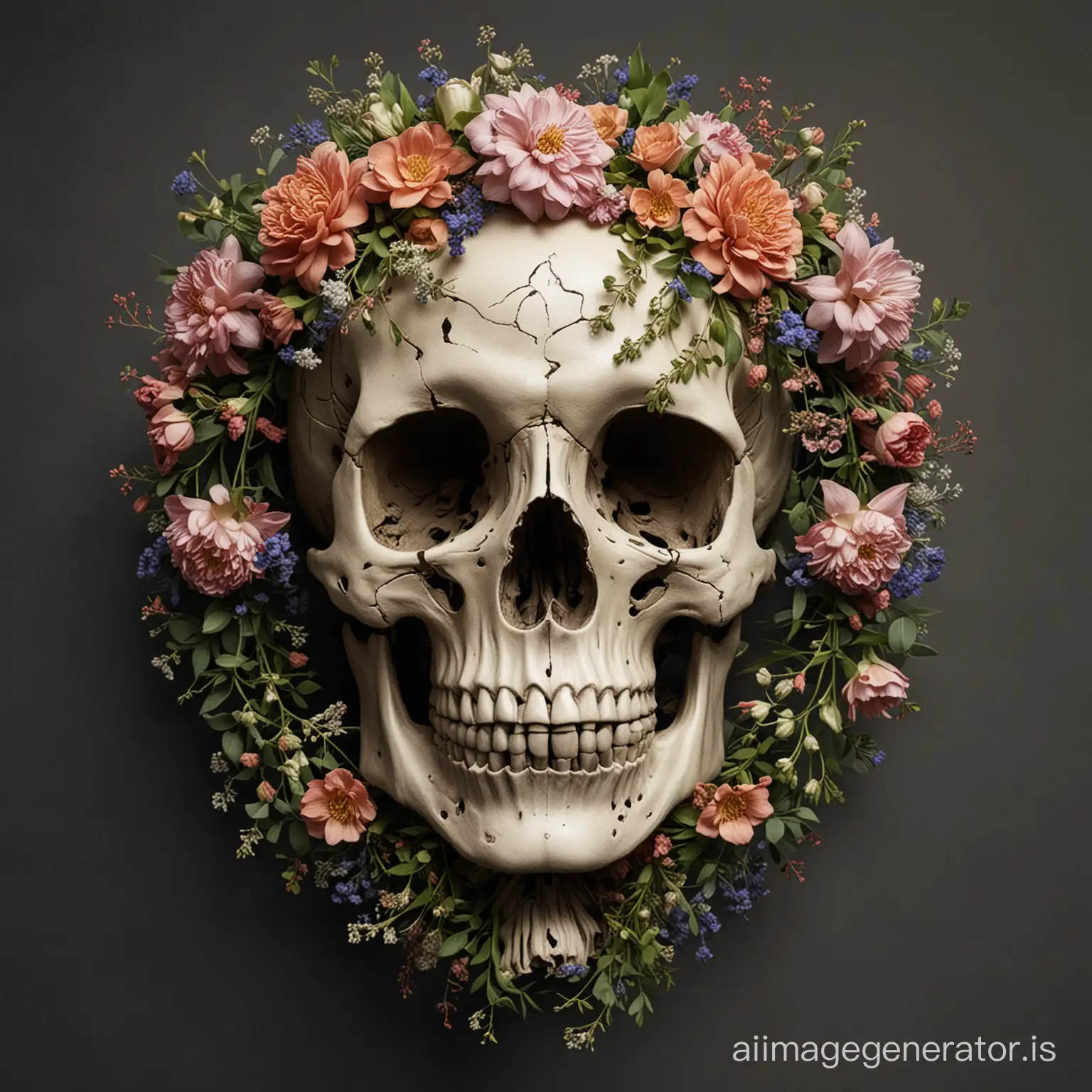 The skeleton head around which flowers are entwined.