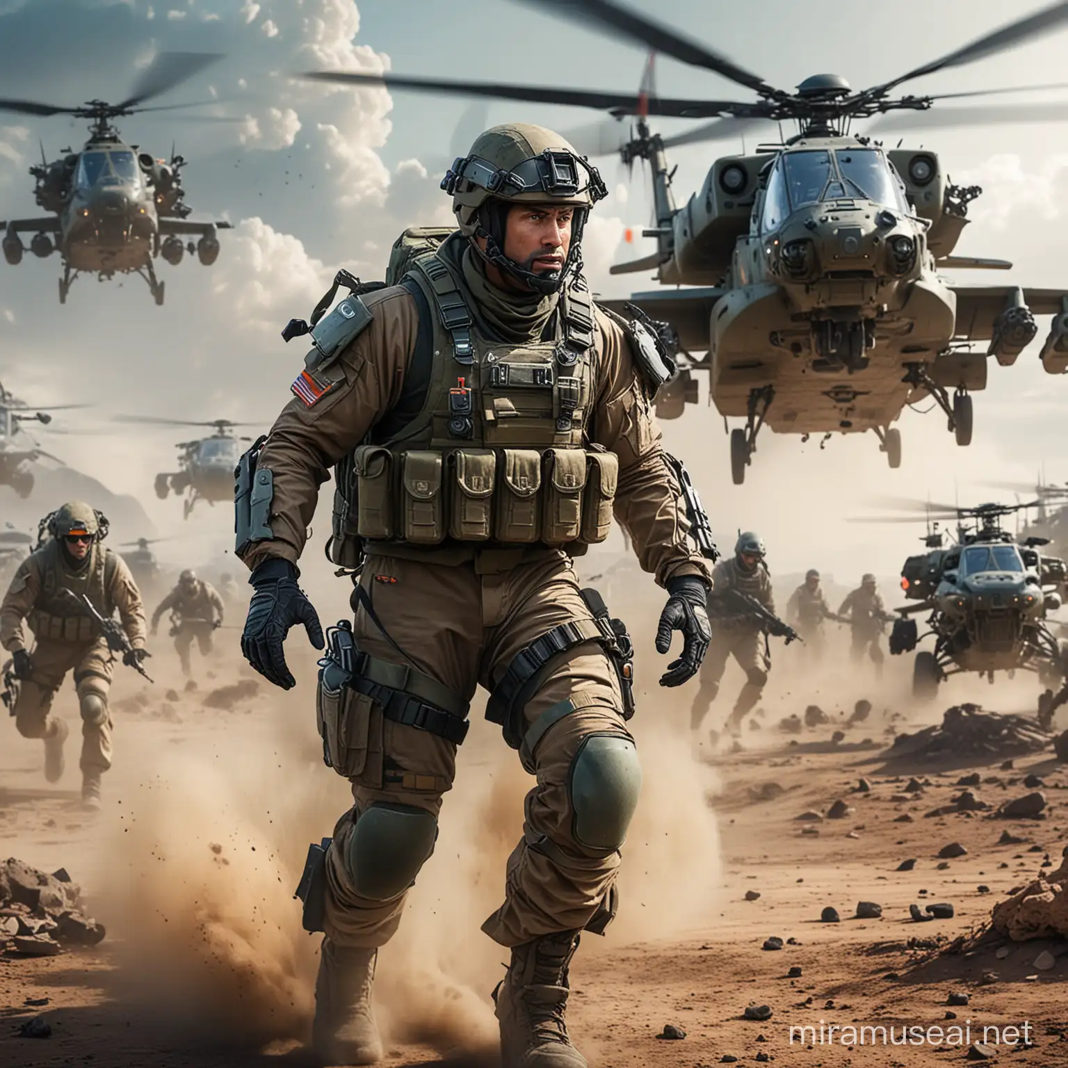 Soldier of the future with a lot of strength surrounded by teams in action helicopters and all-terrain vehicles