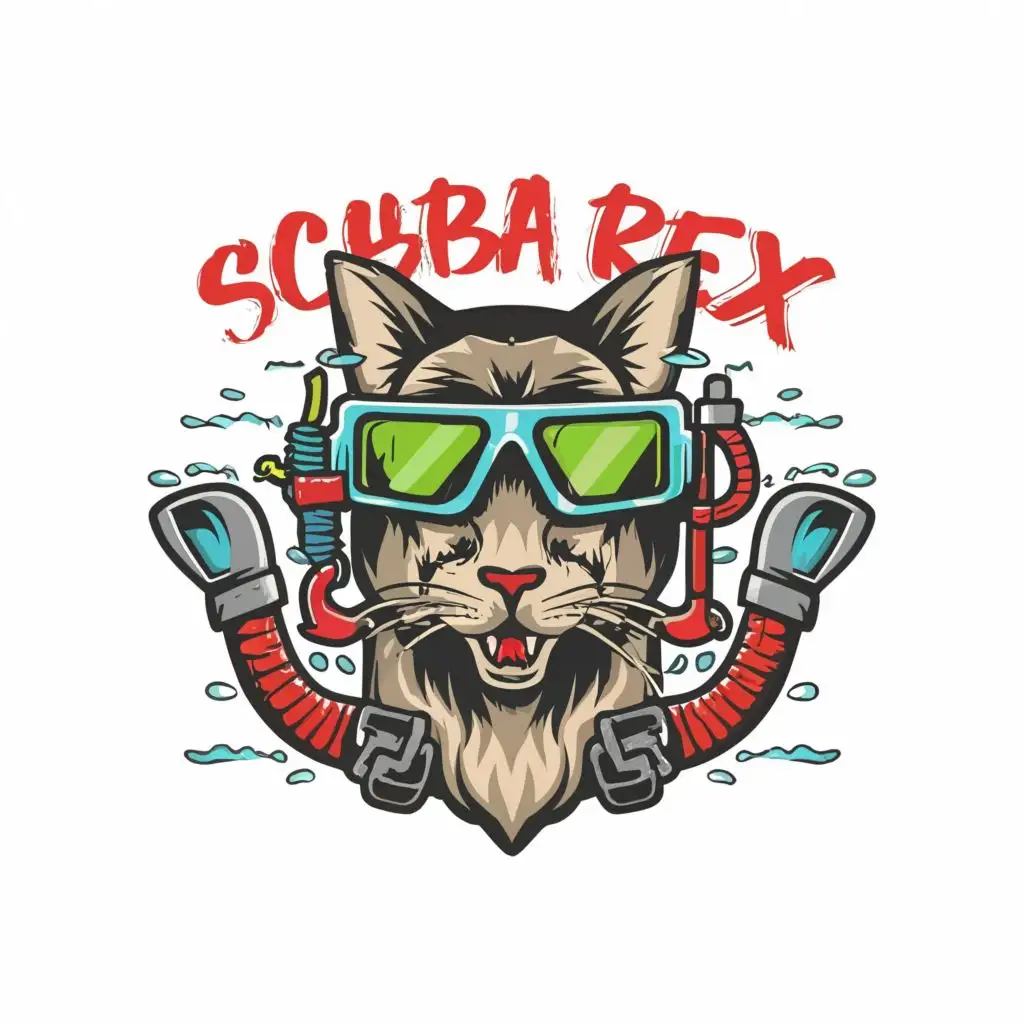 logo, original concept design logo, vector t-shirt design white background zombie cat scuba diver, full color image fill ,  Ultra detailed image, ultra fine sharp narrow 3 mm black outlined , no copyright, no watermark ,with the text "Scuba Rex" typography, with the text ".", typography