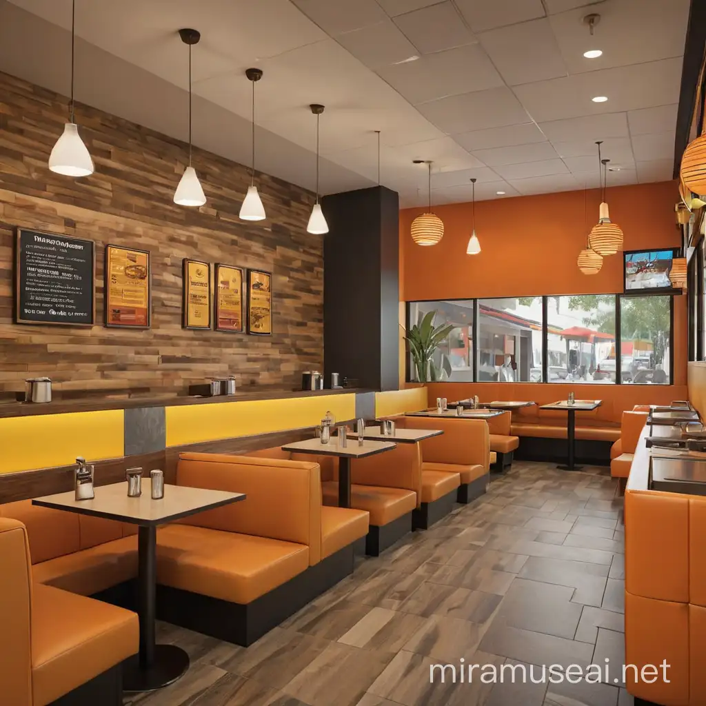 Title: Midjourney AI Prompt: Culturally Diverse Burger Restaurant Interior Rendering

Design a visually captivating interior for a culturally diverse burger restaurant, featuring orange and yellow color themes. Incorporate wall finishes inspired by Indian, Nigerian, and European cultures to target our main demographic. The restaurant should boast three distinct counters, each representing a different culture, with designs that authentically reflect their heritage. Ensure that customers entering the restaurant are immediately immersed in the cultural ambiance of their chosen burger collection point. Embrace cultural diversity throughout the furniture, flooring, wall, and ceiling finishes while maintaining a contemporary architectural style. Prioritize views that showcase both the counters and the seating or waiting area, providing a comprehensive experience for patrons.