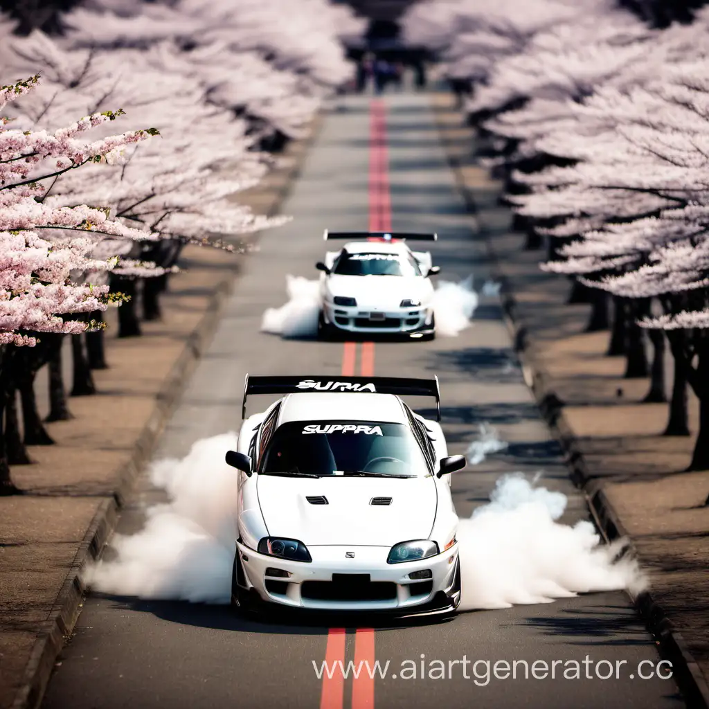 Tandem-Drifting-Supra-Cars-Beneath-Cherry-Blossoms