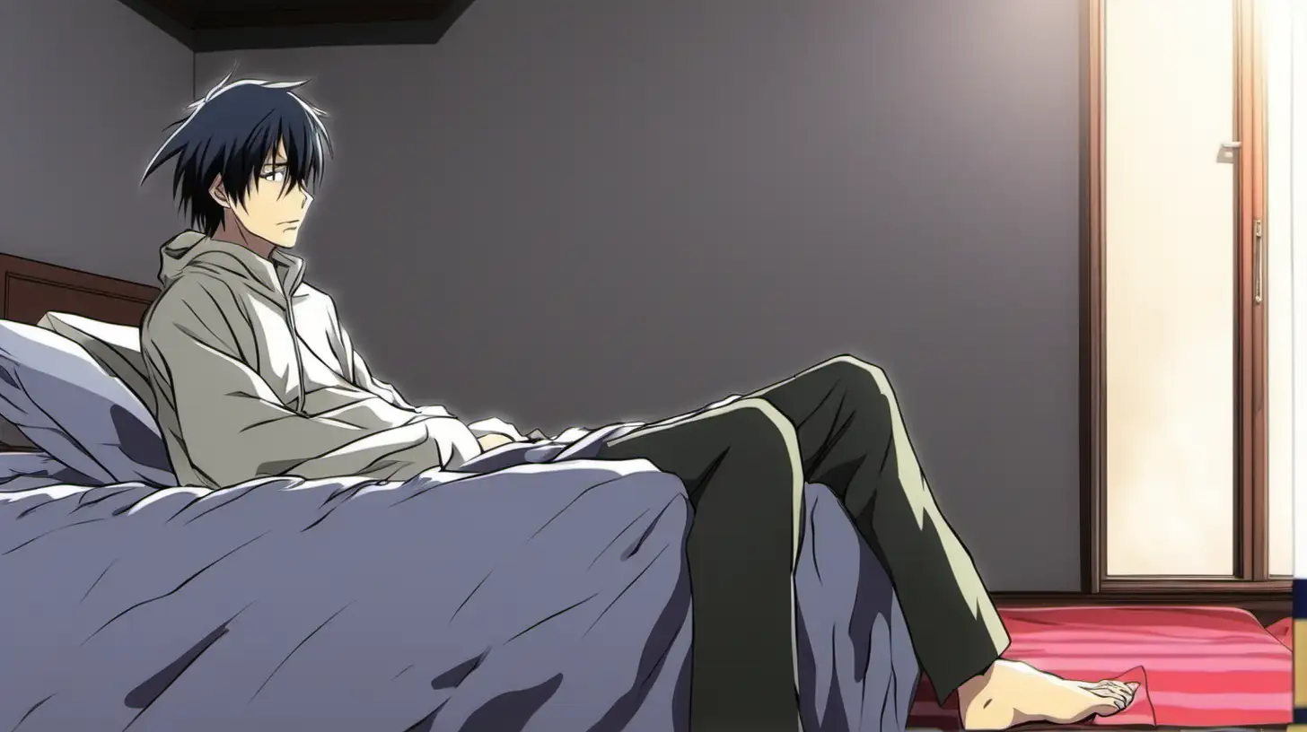 An anime character sitting on the edge of his bed