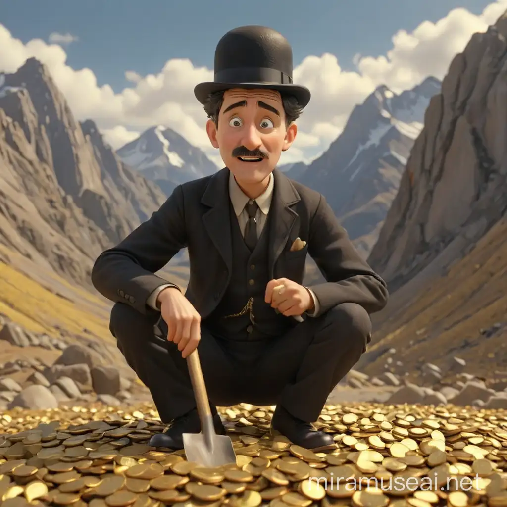 Charlie Chaplin Combing Gold Coins in Realistic 3D Animation