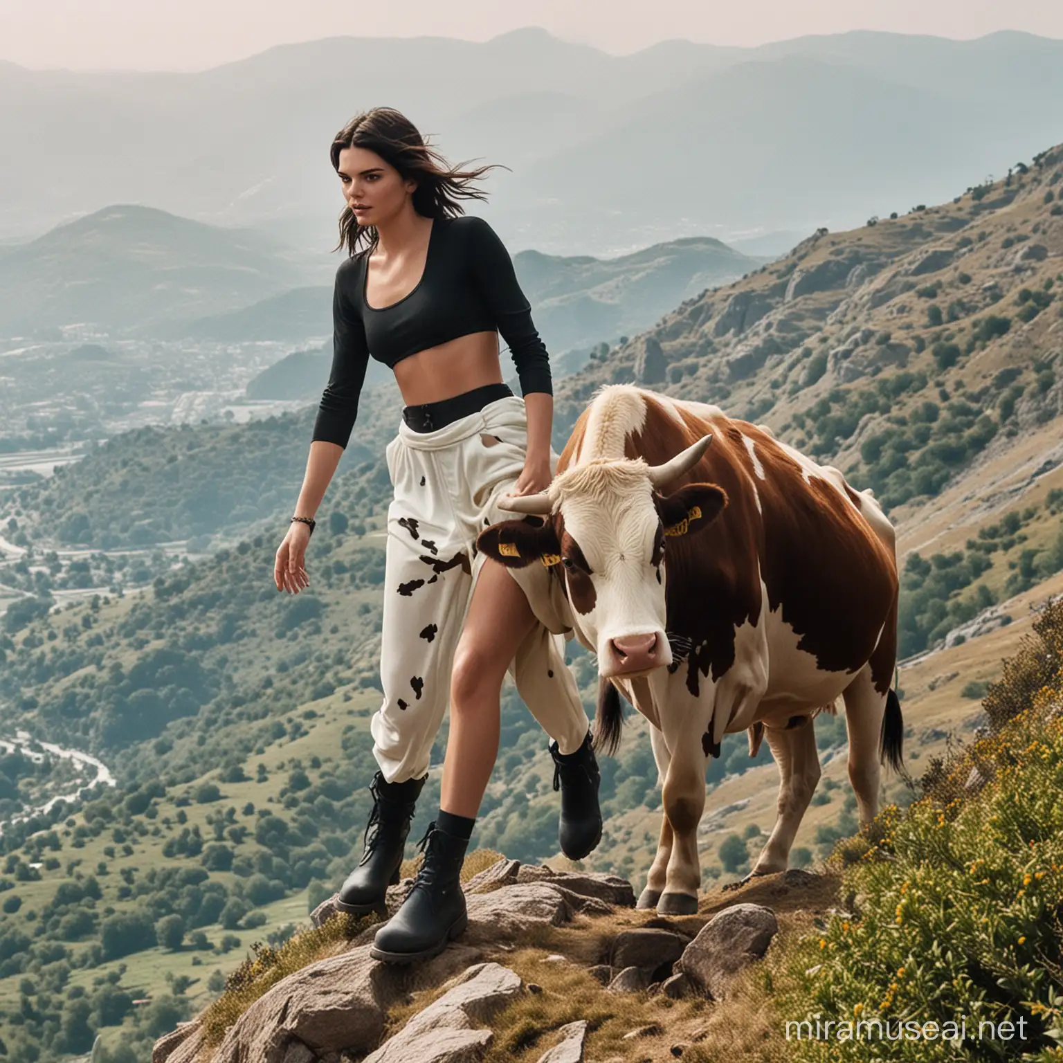 Kendall Jenner Climbing Mountain in Cow Print Attire