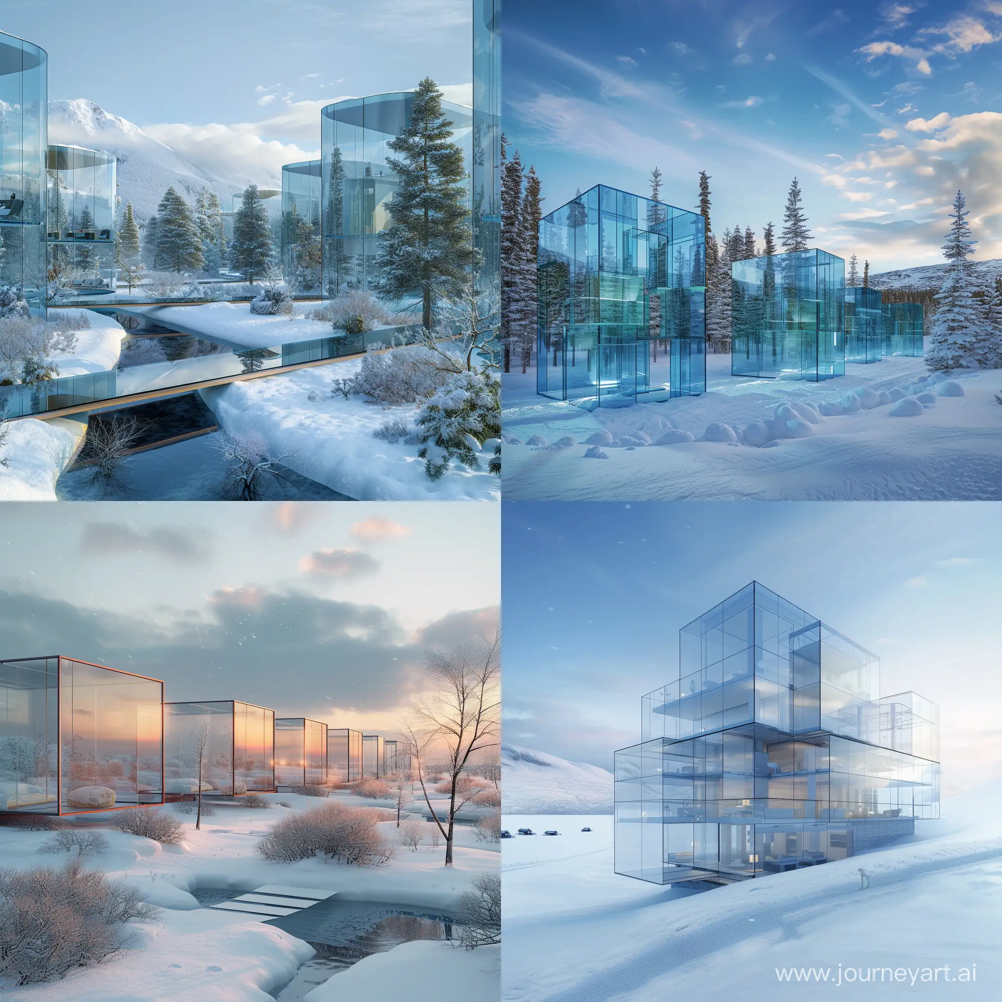 photorealistic, canon 5D, Imagine a winter wonderland like no other – 'Crystal Clear Condos.' Envision sleek, glass-encased retreats rising majestically amidst the serene, snowy terrain. --v 6 --ar 1:1 --no 7608