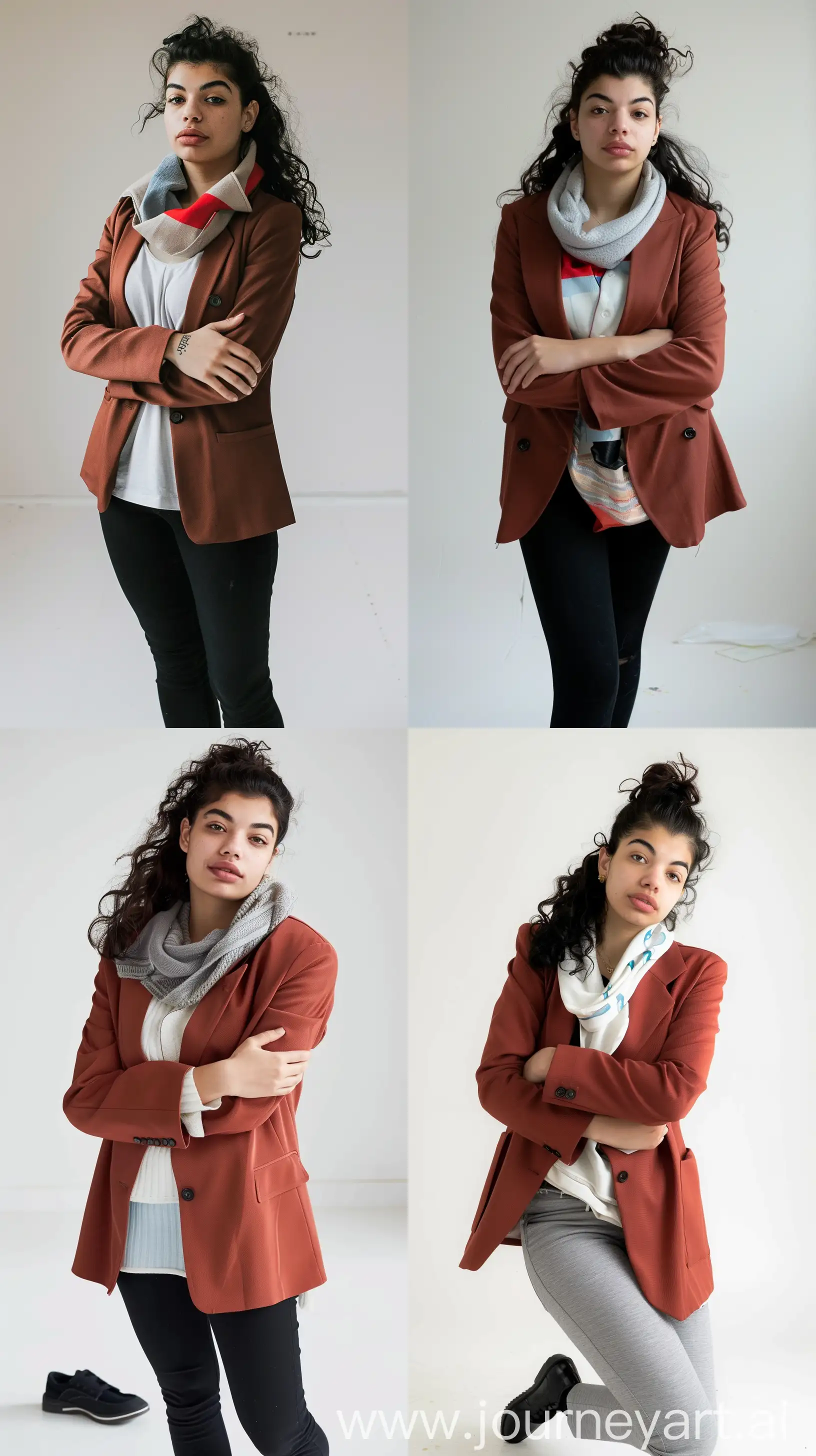 An elegant woman wearing a terracotta-toned blazer in a photo shoot with black shoes, white background, and natural lighting --cref https://cdn.discordapp.com/attachments/997271750368833636/1222082228004192266/just_cent_realistic_young_modern_friendly_and_confident_egyptia_983e3c81-7e35-469a-8414-8d18ff2f7d28.png?ex=6614ebc4&is=660276c4&hm=d81c210ba1f3cdad070b70dec7dac89479ed63f8c952724e05db6103f0947f6a&  --style raw --ar 9:16 --v 6
