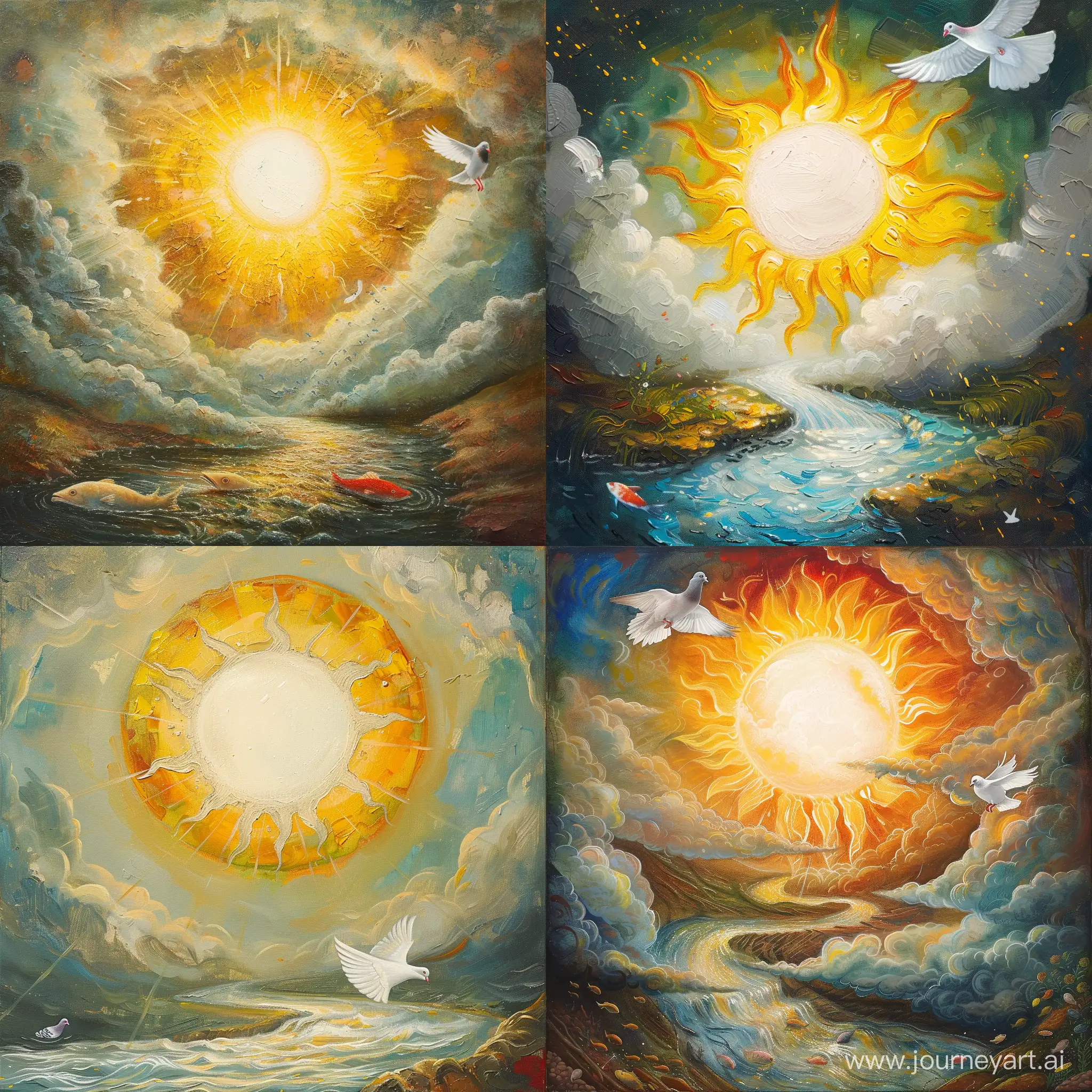 Composition:

The sun should be in the center of the canvas.
The river should flow to the bottom left of the Sun and go deep into the picture.
Clouds should surround the Sun, creating an effect of blurriness and softness.
The fish should be depicted floating along the river.
The pigeon should be depicted flying from the top right of the Sun and be white.
Lighting:

The sun should be bright and slightly blurred to convey its radiance and make it the center of attention.
Lighting should come from the Sun with light rays radiating around it.
Different parts of the landscape should be illuminated with different degrees of brightness to create a play of light and shadow.
The color palette:

Use bright and saturated colors typical of the impressionistic style to convey the emotional tone of the landscape.
The sun should be depicted in yellow or orange to emphasize its warmth and radiance.
The water of the river can be depicted in blue or green shades.
Clouds should have different shades of white and gray to create an effect of volume and lightness.
Fish and pigeon can be depicted using a variety of colors to make them more expressive.
Technic:

To create texture and brushstroke effect, use a brush with soft and blurred edges typical of the impressionistic style.
Add some details to convey the observation of the details of the landscape, characteristic of the impressionistic style.